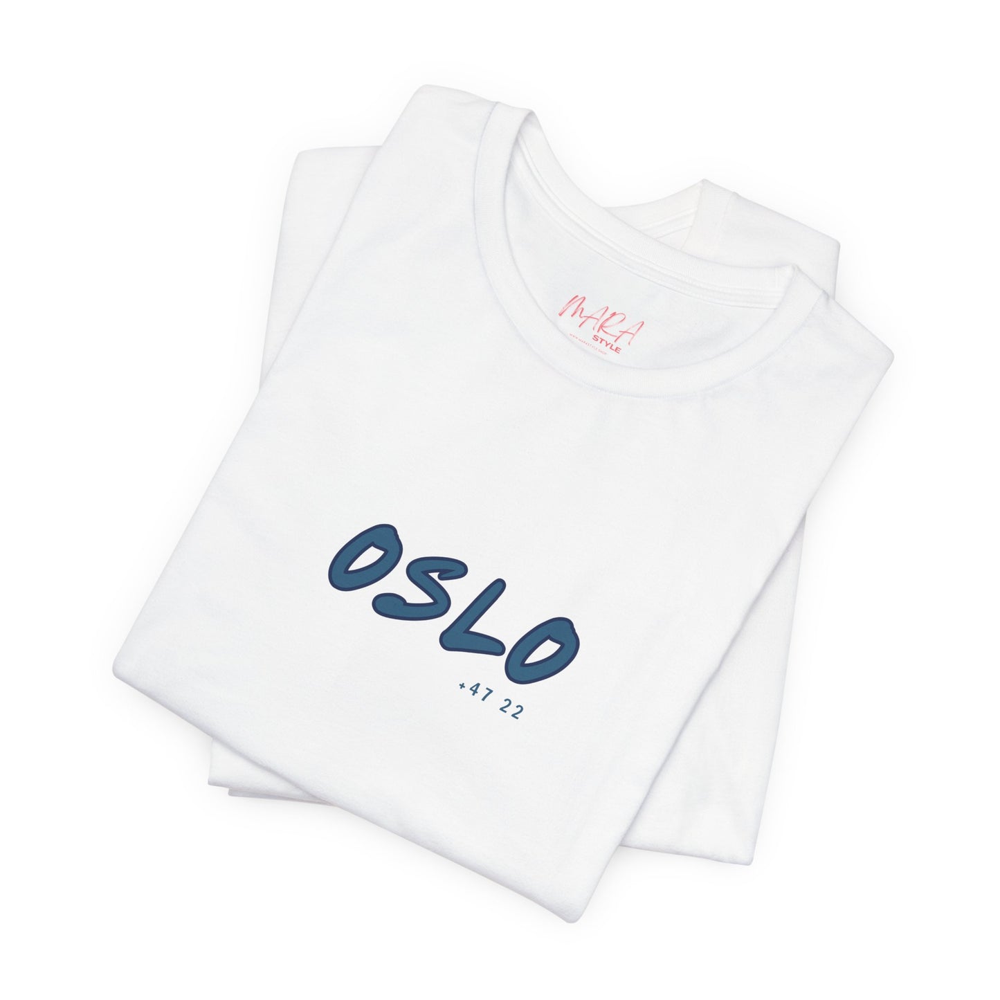 White t-shirt with 'OSLO' and '47 22' text on a white background