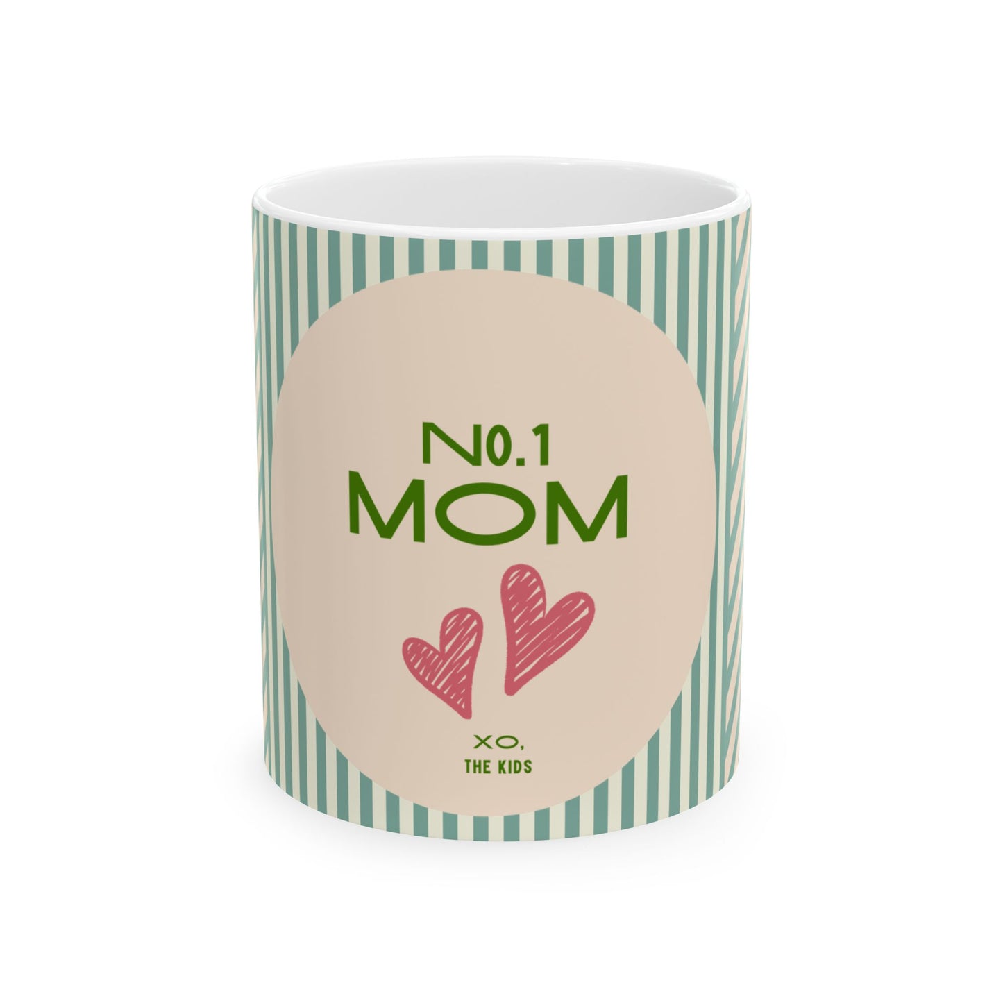Striped mug with 'No. 1 Mom' text and heart designs on a white background