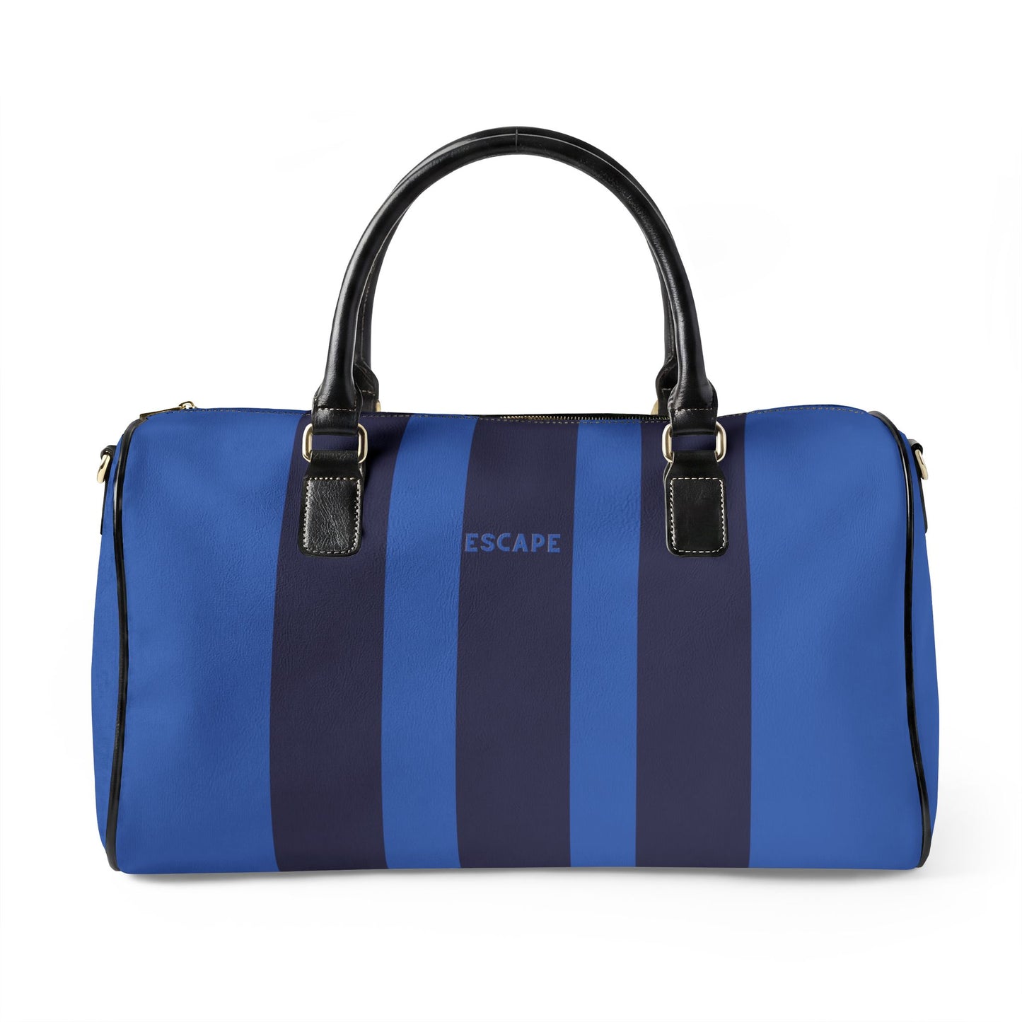 Blue and navy striped duffel bag with 'ESCAPE' branding on a white background