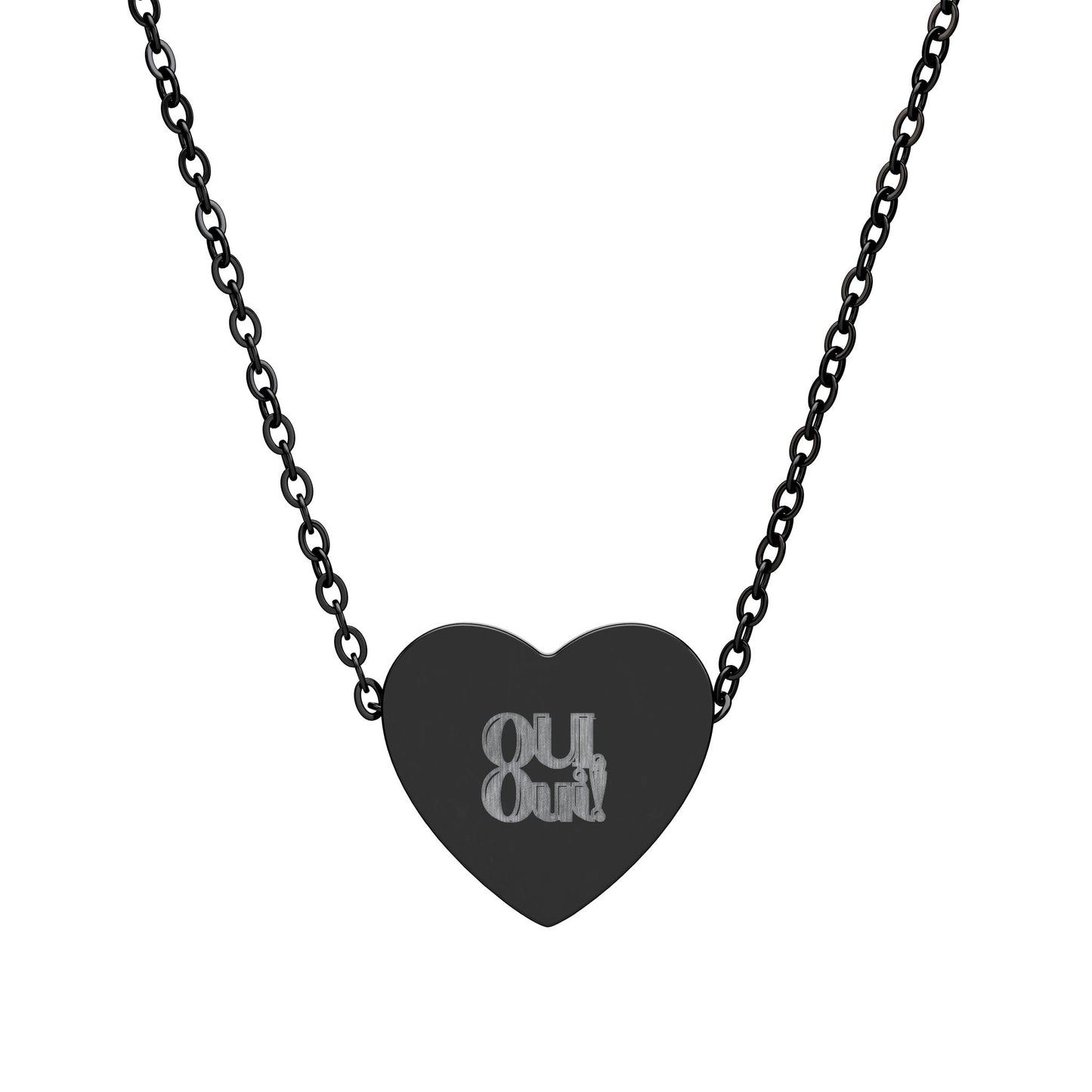 Black heart-shaped pendant with 'OUl Out!' engraving on a chain against a white background