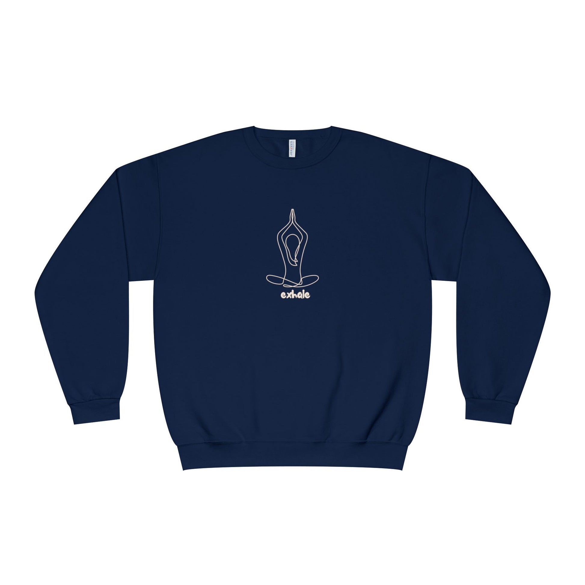 Navy blue sweatshirt with a white logo on a white background