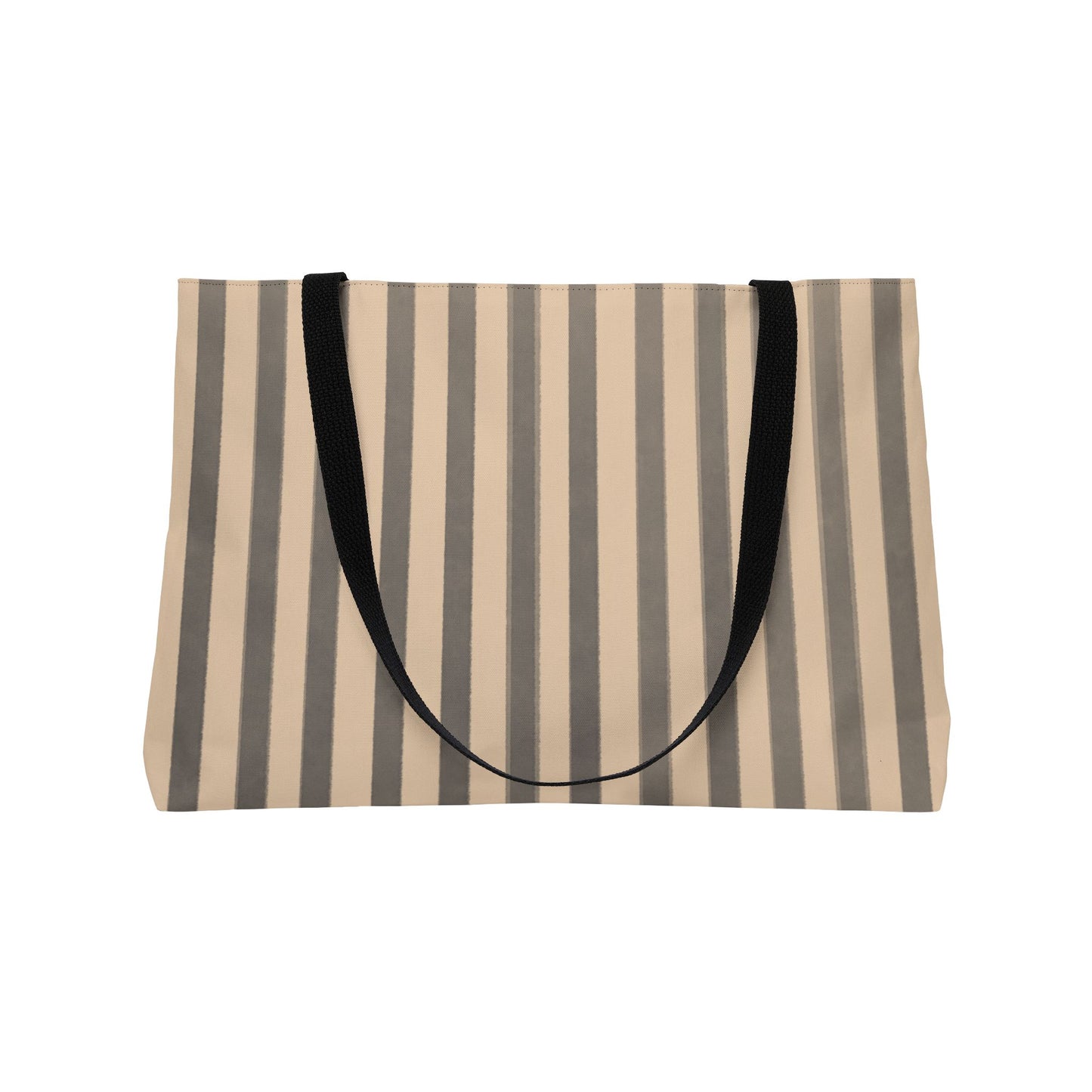 Striped tote bag with black handles on a white background