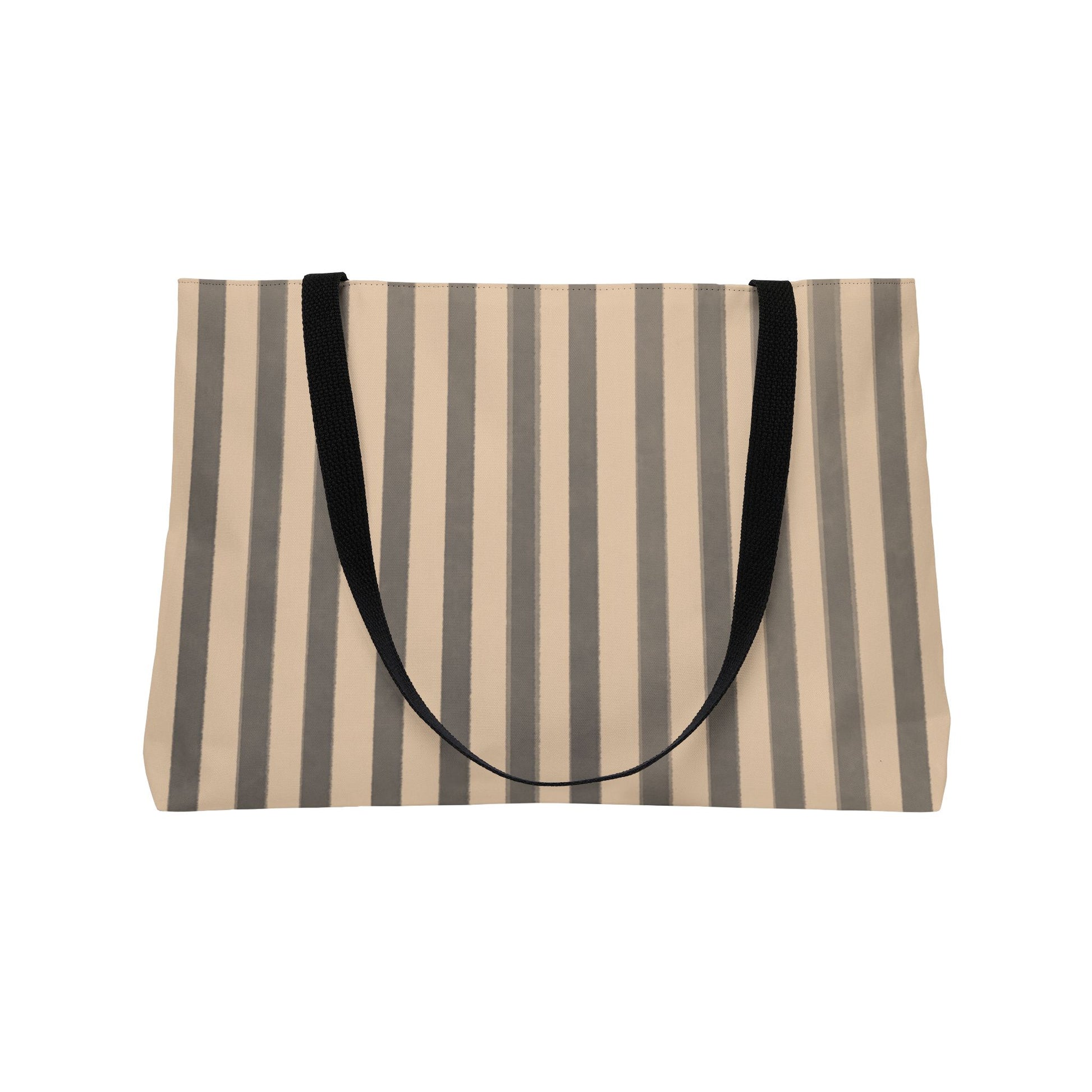 Striped tote bag with black handles on a white background