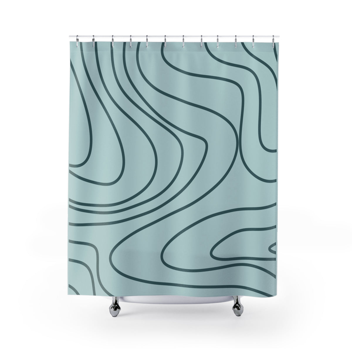 A light blue shower curtain with a dark teal topographic line pattern, hanging from silver rings on a white background.