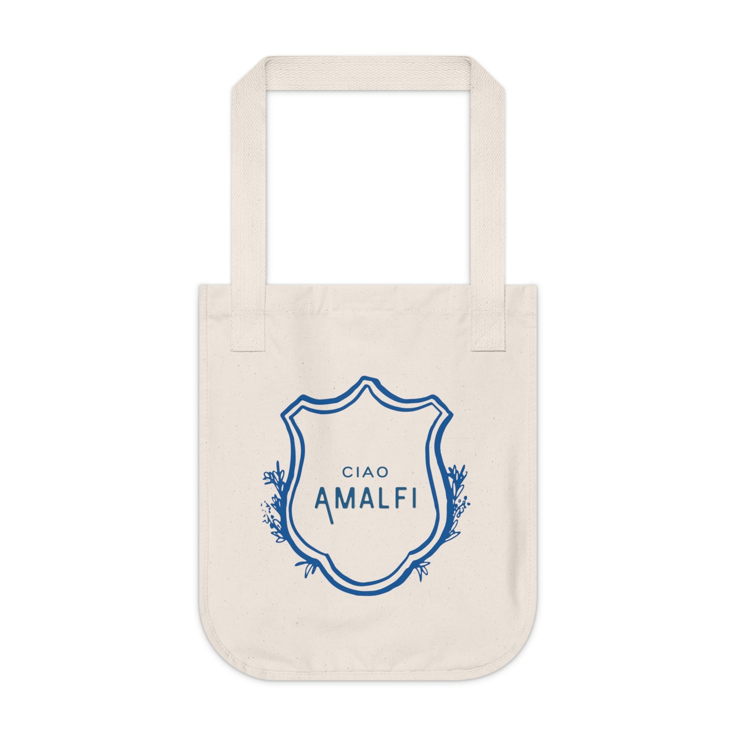 Beige tote bag with blue 'CIAO AMALFI' design on a white background