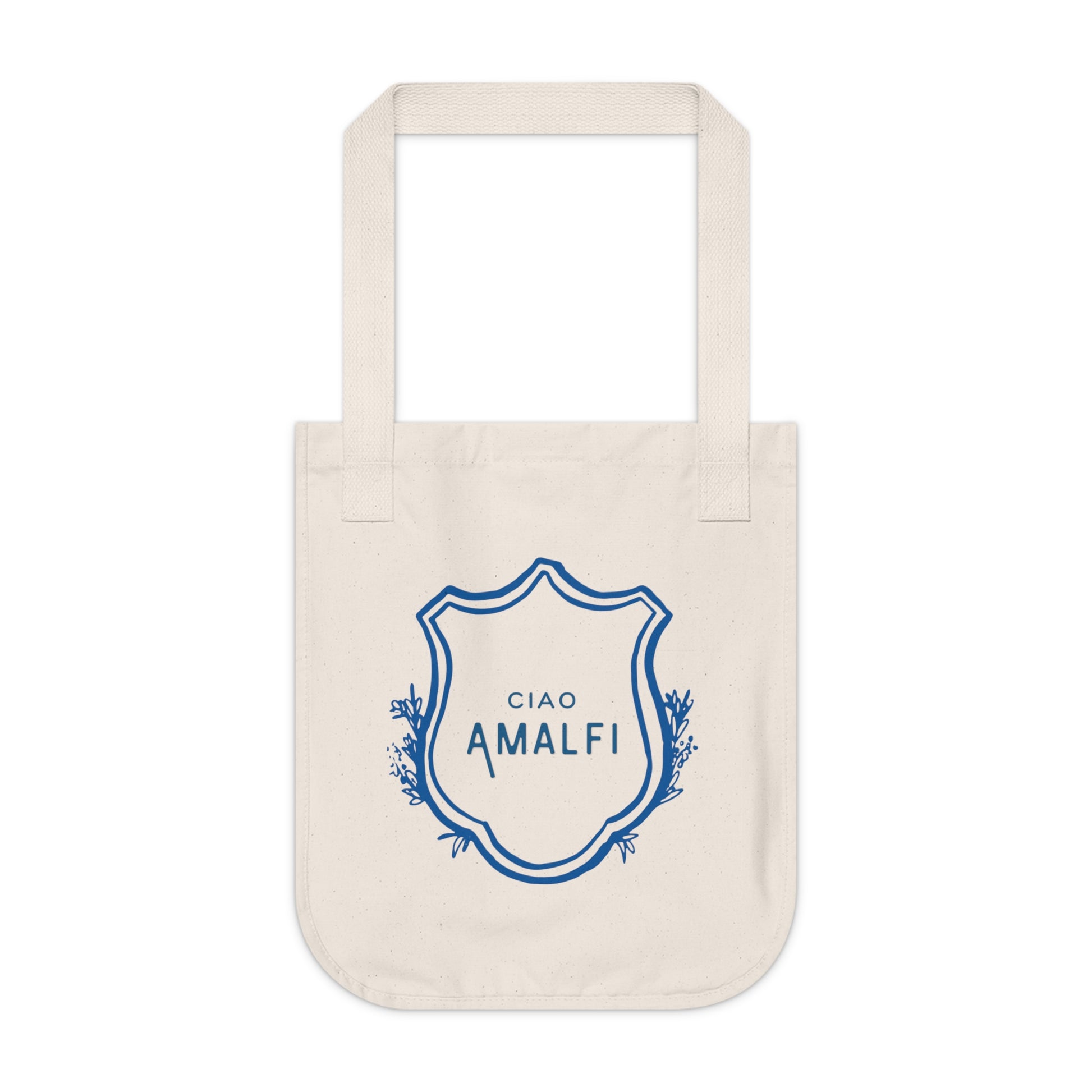 Beige tote bag with blue 'CIAO AMALFI' design on a white background