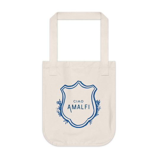 Beige tote bag with blue 'CIAO AMALFI' design on a white background
