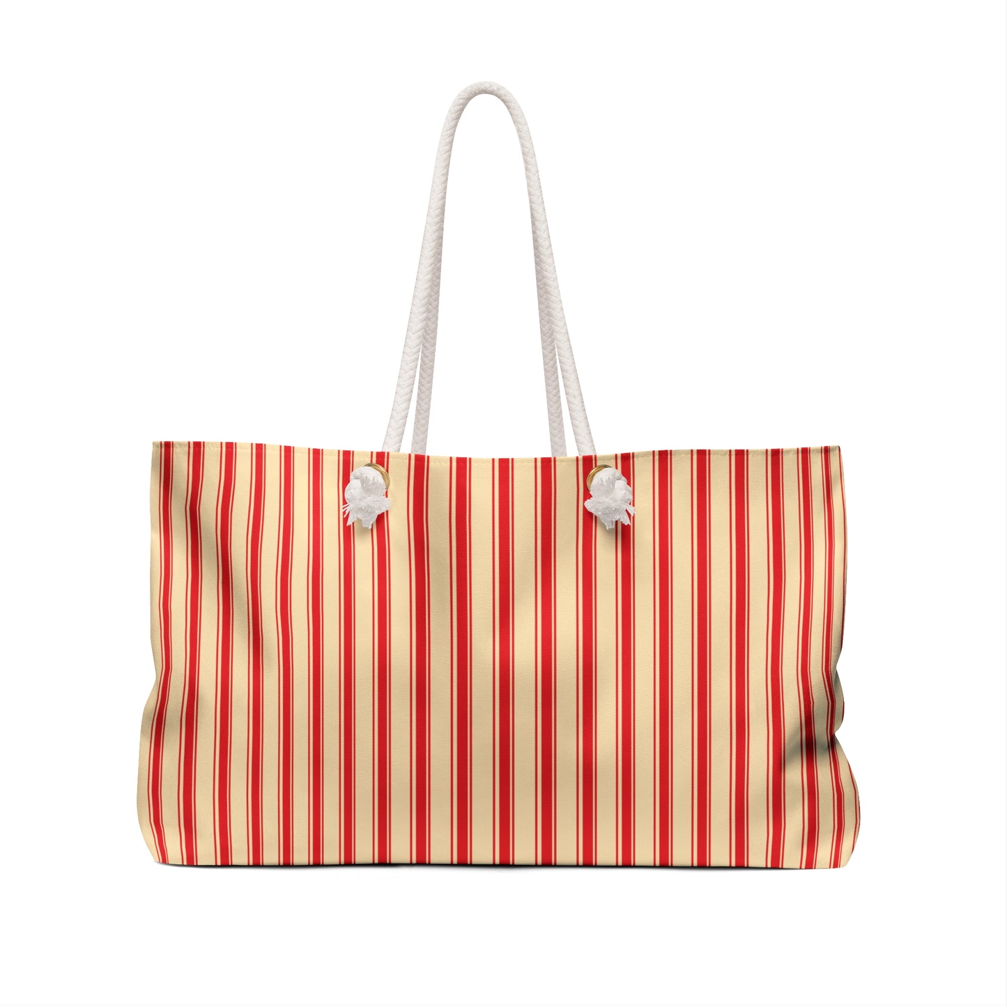 Striped beach bag with red and yellow pattern on a white background
