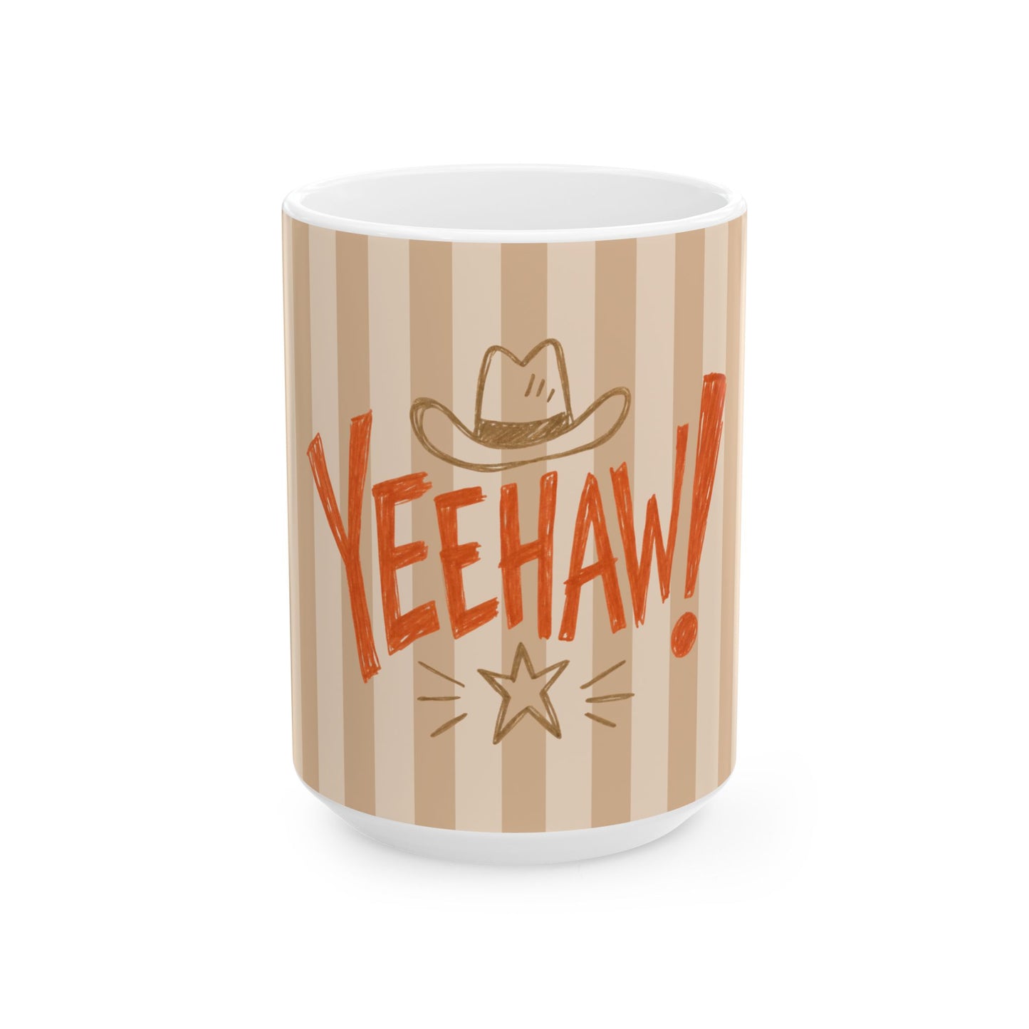 A white ceramic mug with a beige and tan vertical striped pattern, featuring the word 'YEEHAW!' in orange-red lettering, a brown cowboy hat illustration, and a star graphic on the front.