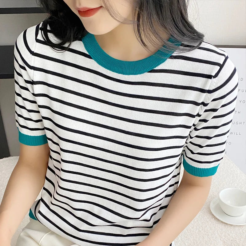 Retro Striped Cotton T-shirt | Preppy Shirt