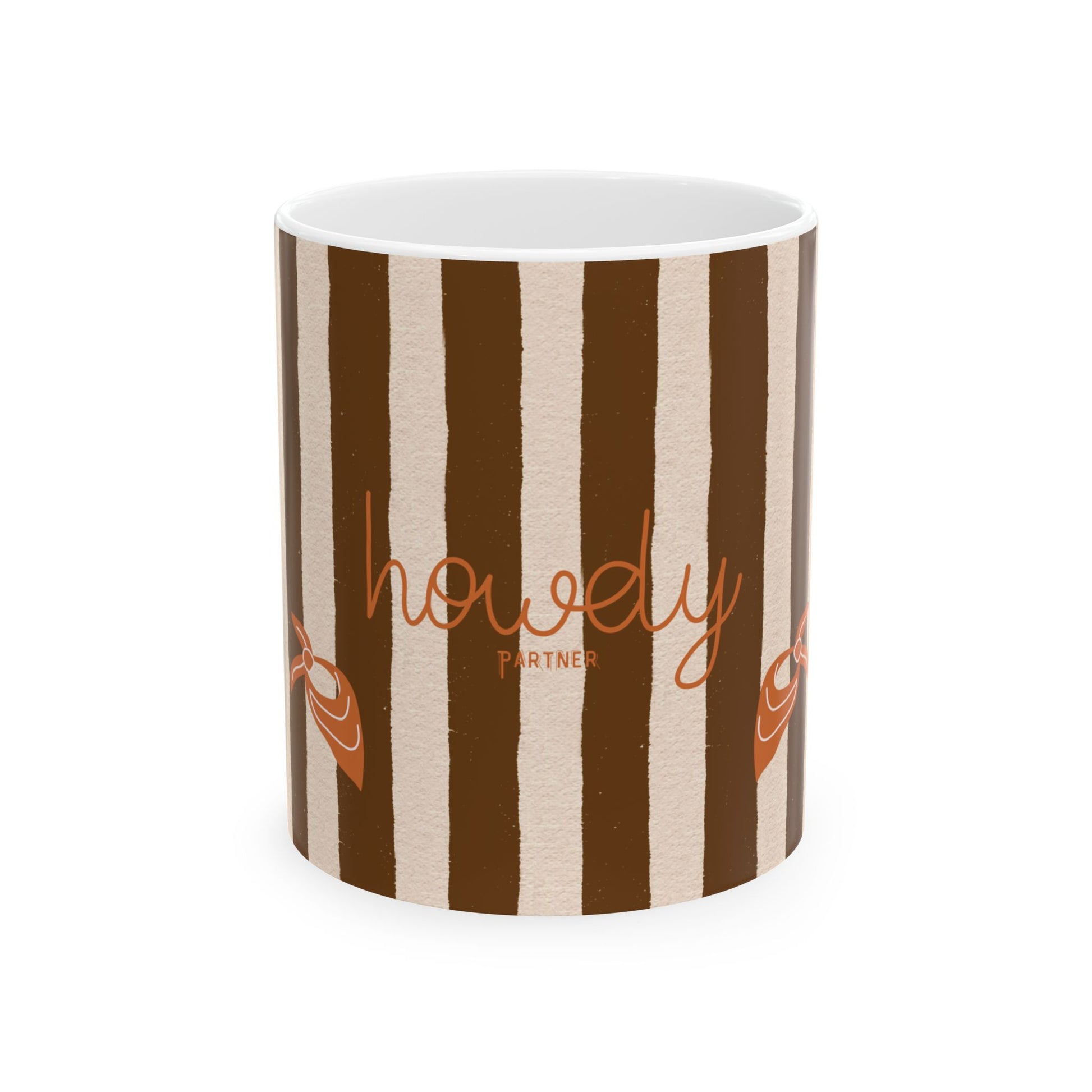 Striped mug with 'howdy partner' text on a white background