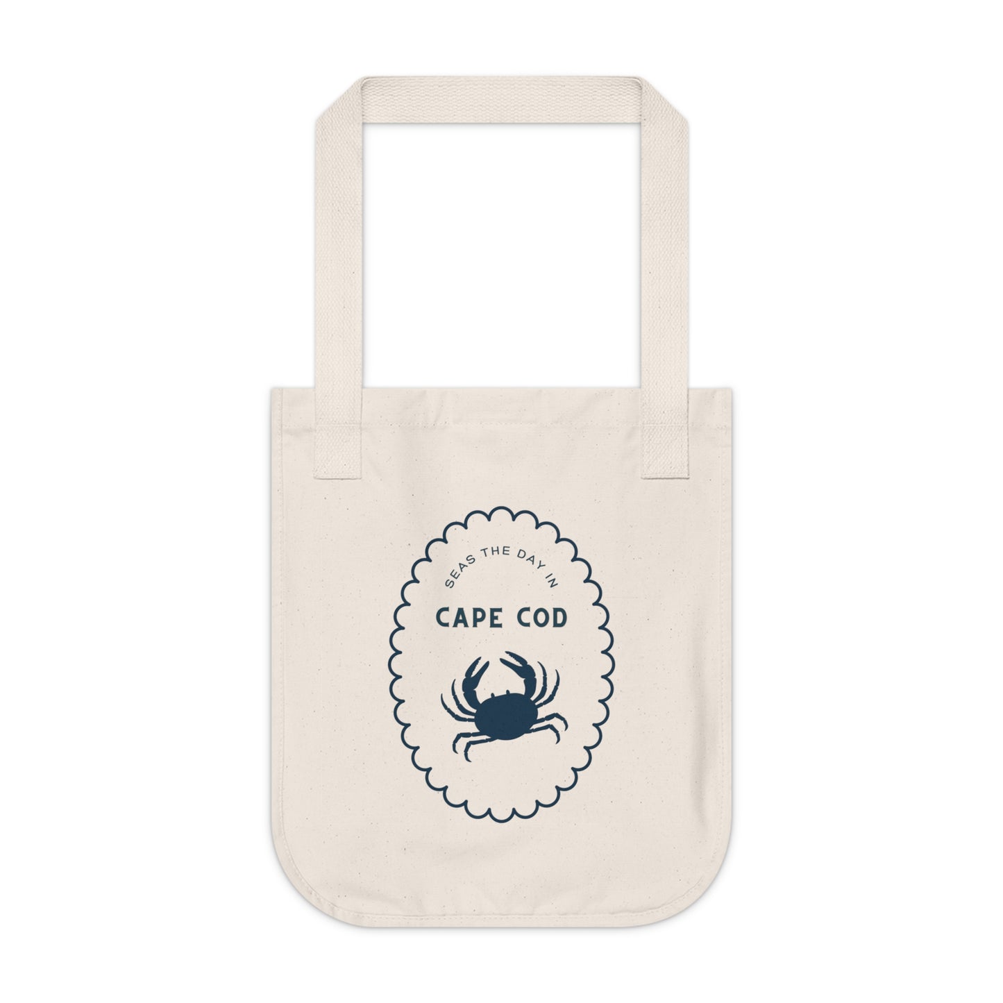 Beige tote bag with a crab design and 'Cape Cod' text on a white background