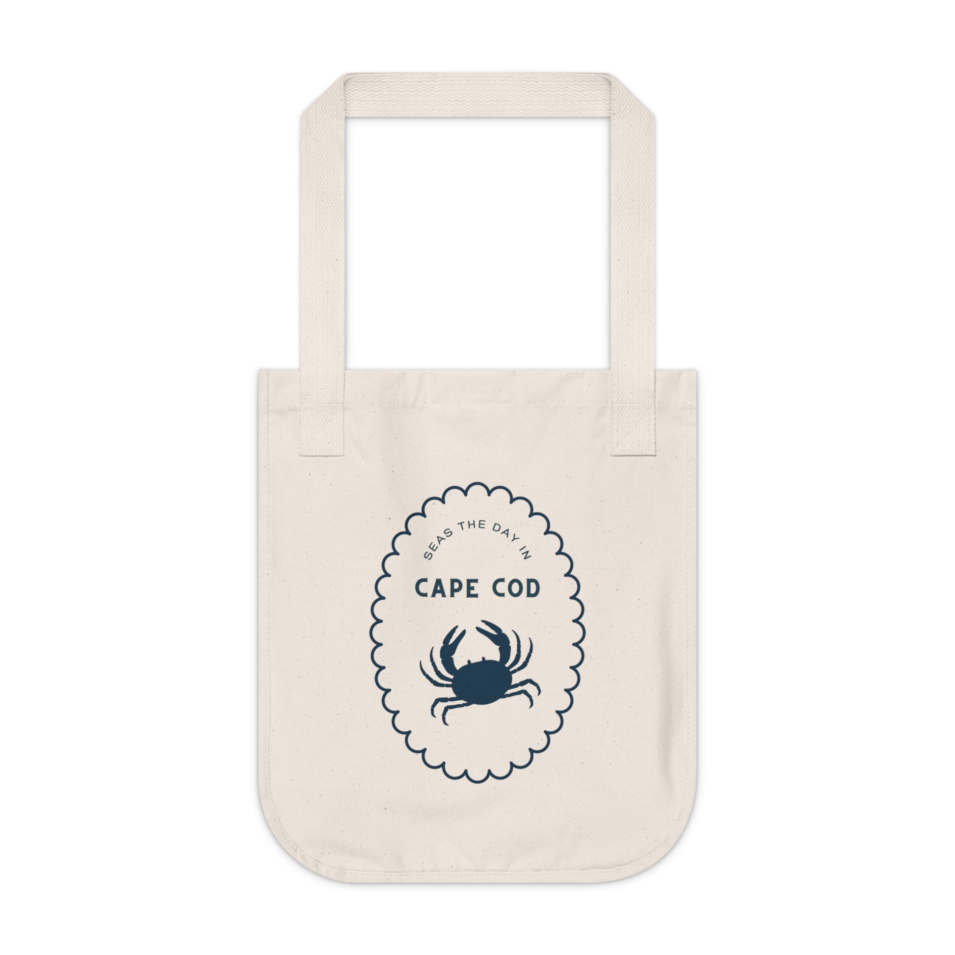 Beige tote bag with a crab design and 'Cape Cod' text on a white background
