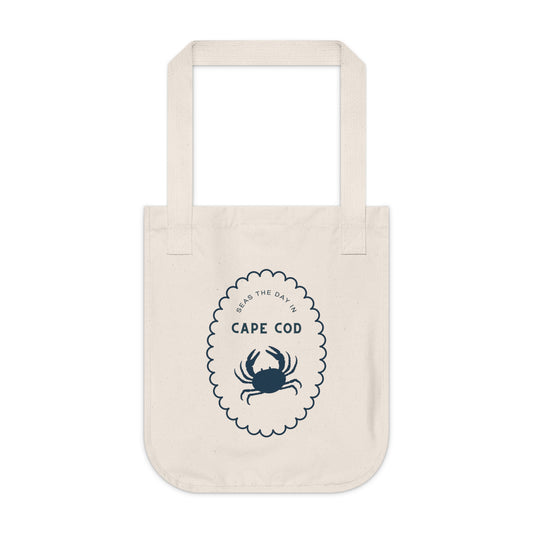 Beige tote bag with a crab design and 'Cape Cod' text on a white background