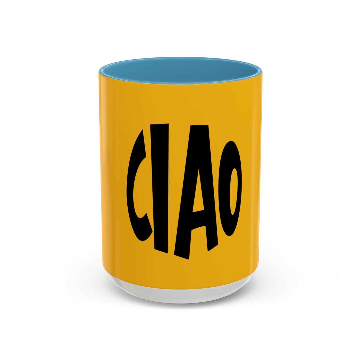 Yellow mug with blue interior and black 'CIAO' text on a white background