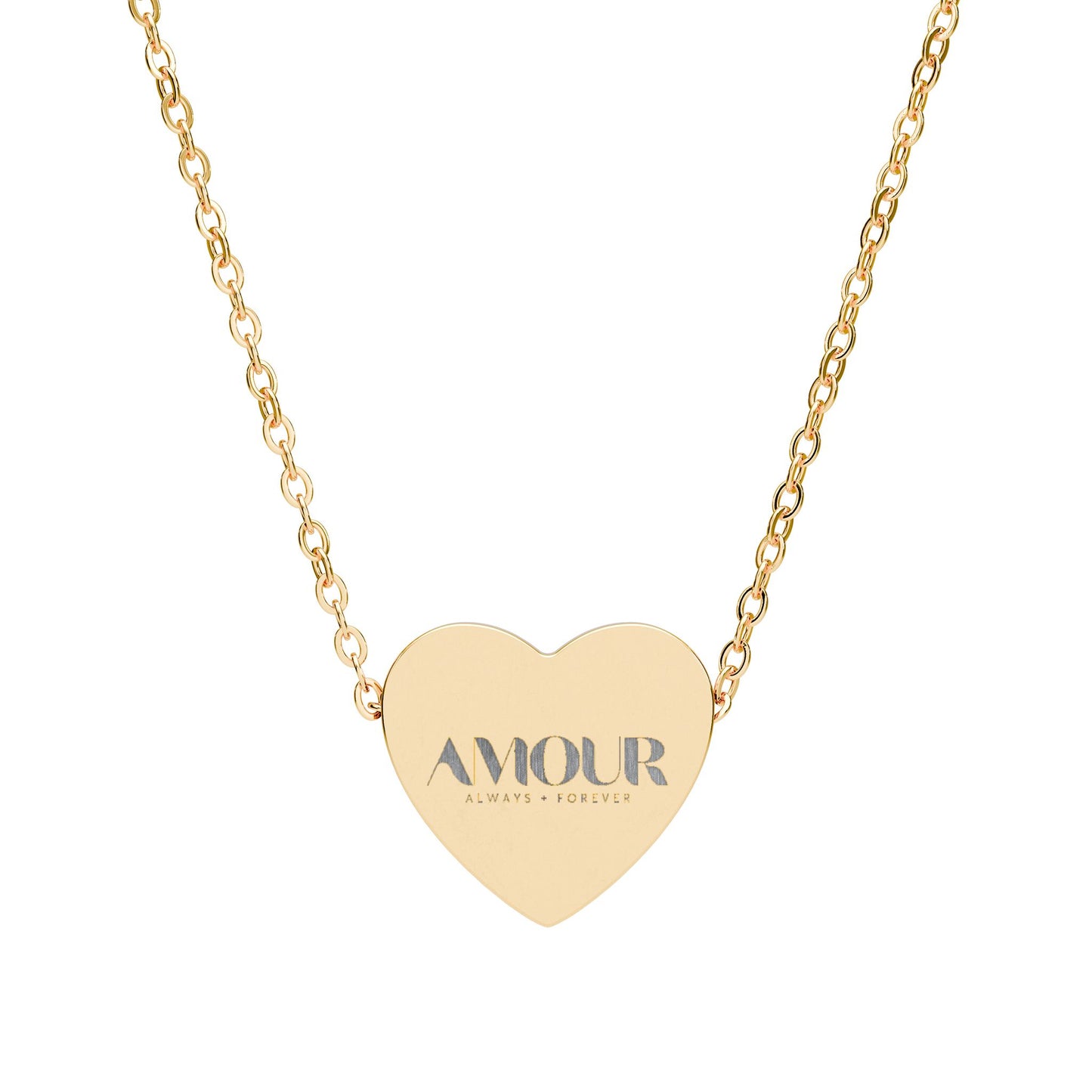 Gold necklace with a heart-shaped pendant displaying 'AMOUR' on a white background