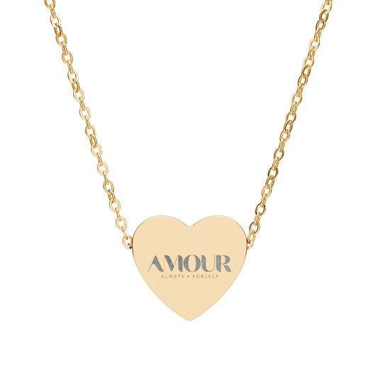 Gold necklace with a heart-shaped pendant displaying 'AMOUR' on a white background