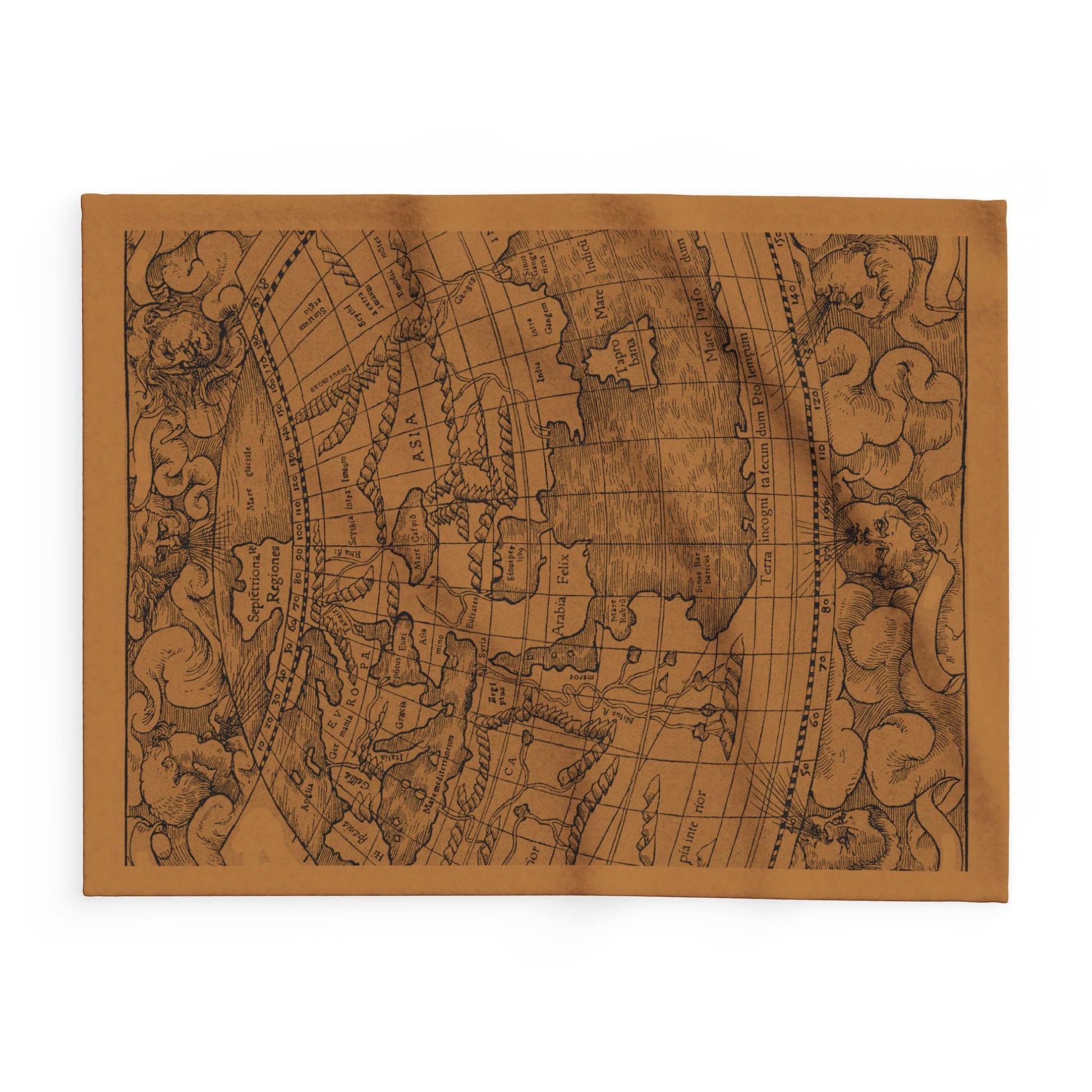 Vintage-style world map throw on a brown background
