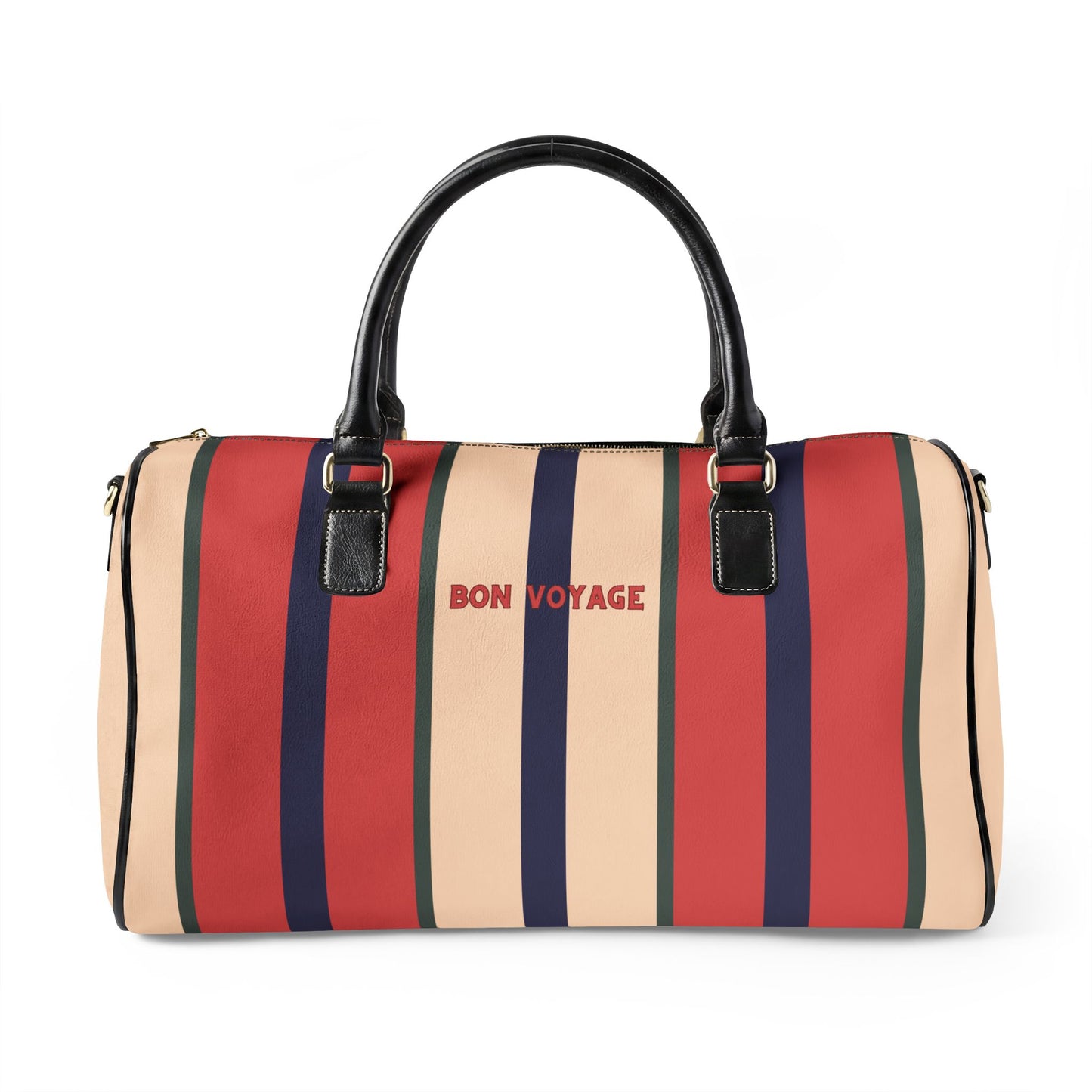 Striped travel bag with 'Bon Voyage' text on a white background
