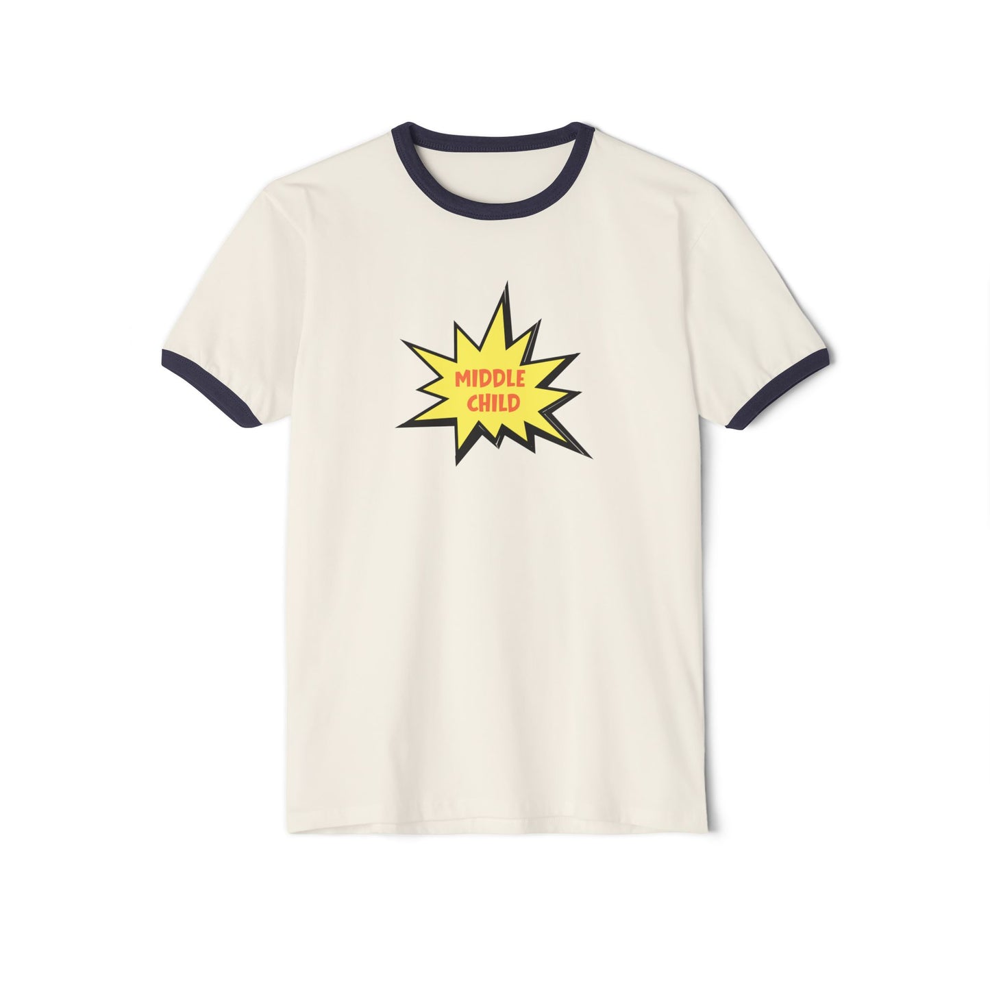 White t-shirt with black trim featuring a yellow and black 'Middle Child' graphic on a white background