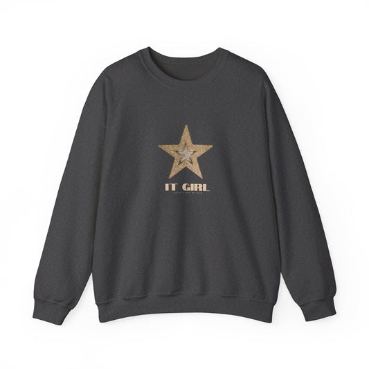 Dark gray sweatshirt with a gold star and 'IT GIRL' text on a white background