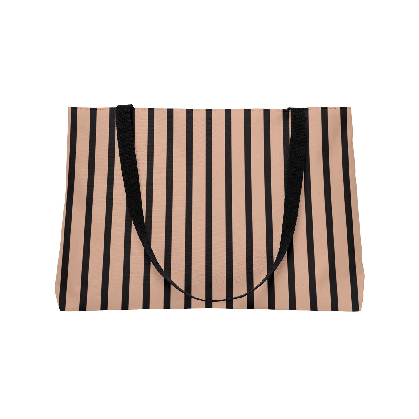 Striped tote bag with black and beige stripes on a white background