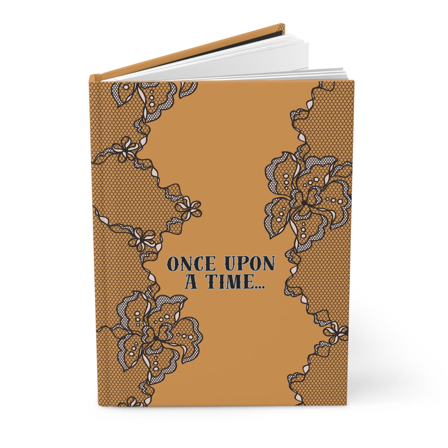 Notebook with lace design and 'Once Upon a Time' text on a white background