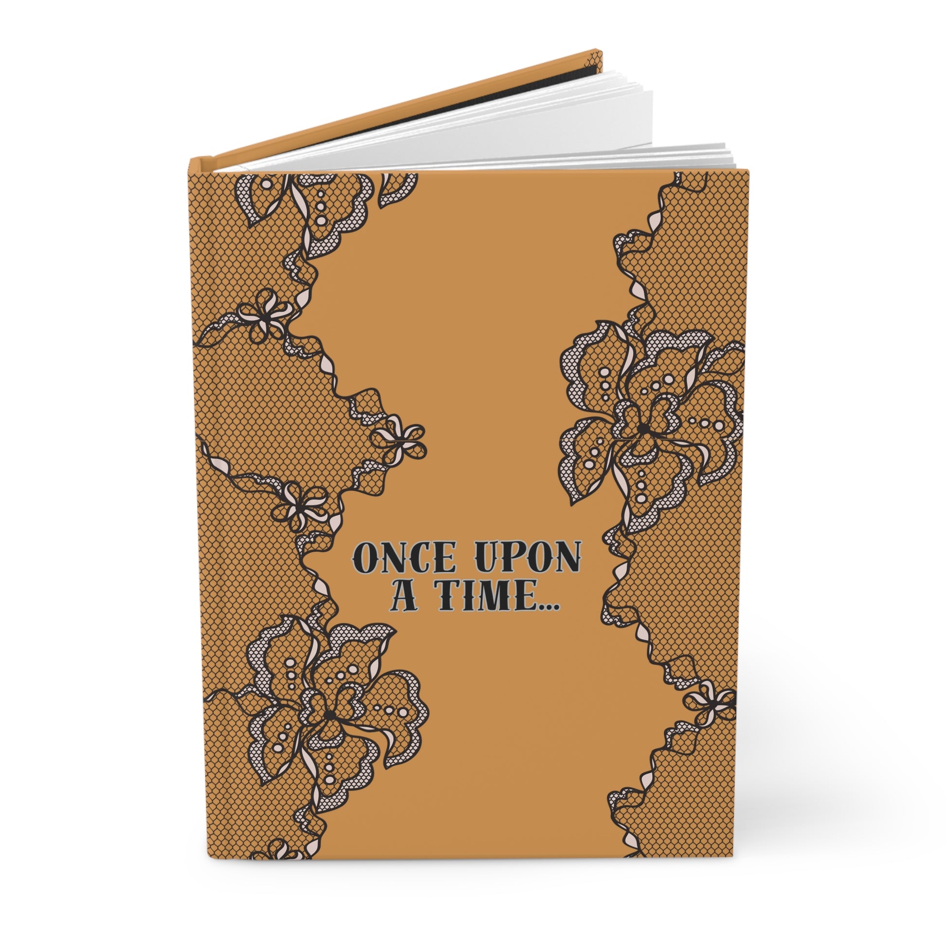 Notebook with lace design and 'Once Upon a Time' text on a white background