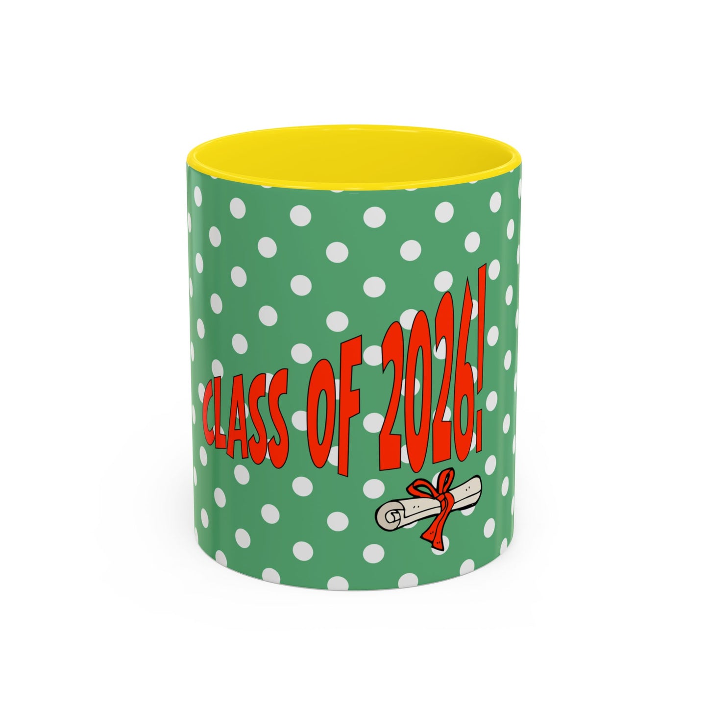 Green mug with white polka dots and red text 'Class of 2026' on a white background
