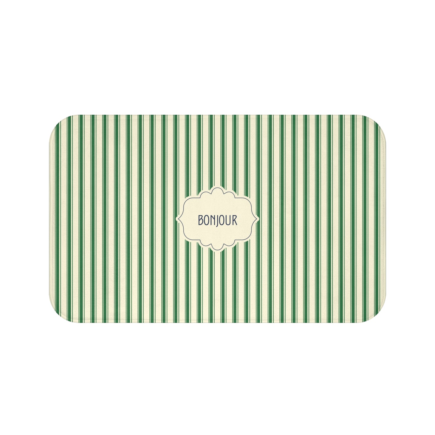 A rectangular bath mat  with rounded corners, featuring a green and cream vertical stripe pattern and a central cream label with the word 'BONJOUR' in black text.
