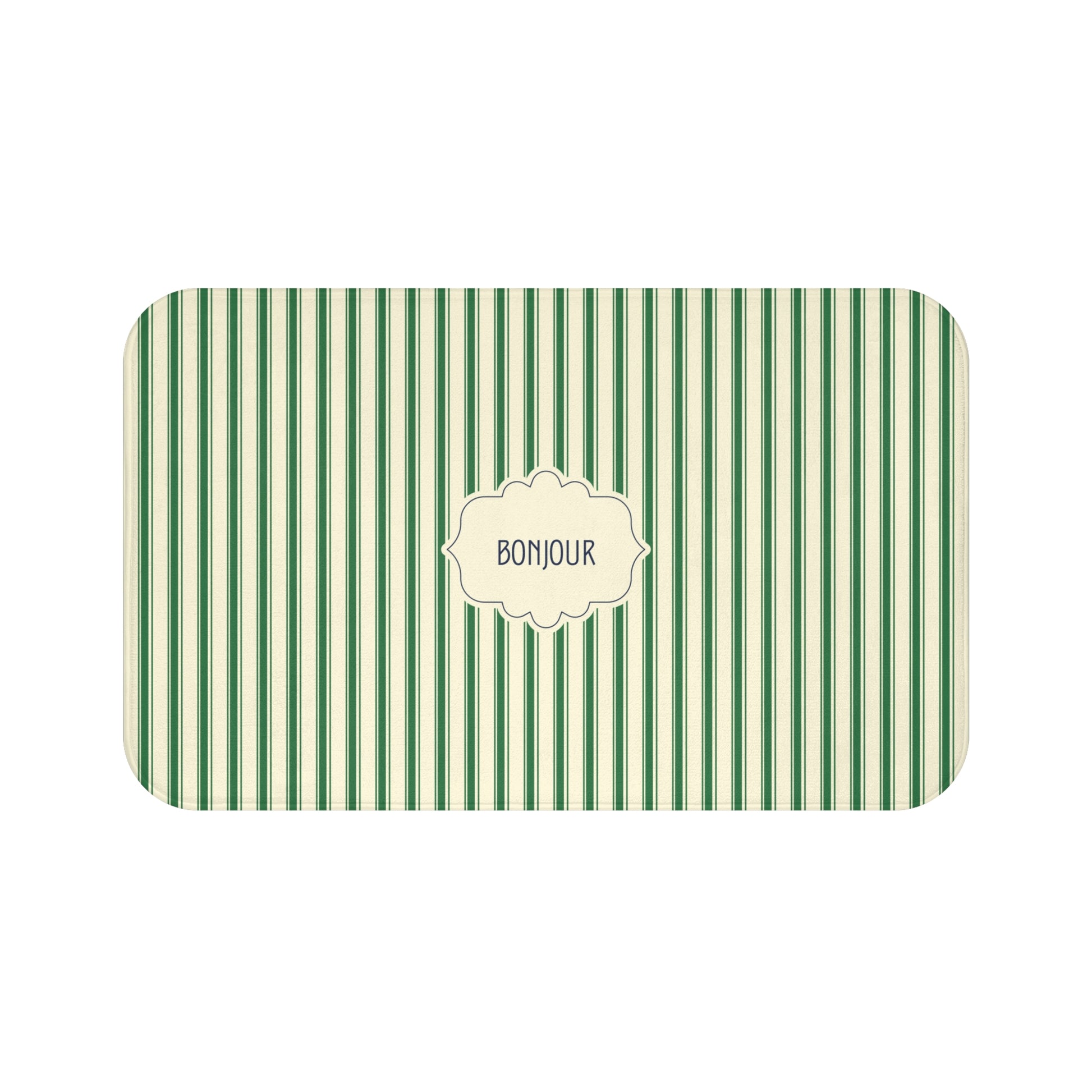 A rectangular bath mat  with rounded corners, featuring a green and cream vertical stripe pattern and a central cream label with the word 'BONJOUR' in black text.