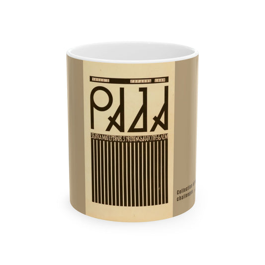 Mug with a design featuring text and graphics on a beige background