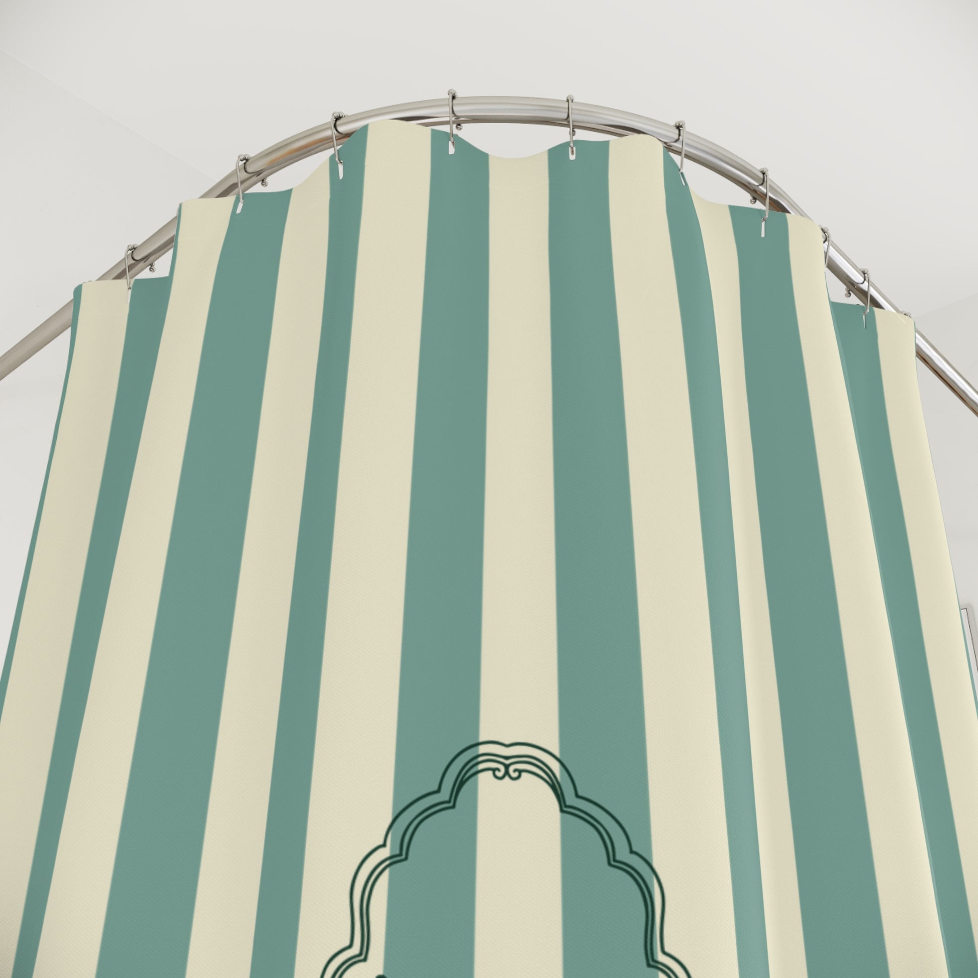 Green and white striped canopy with a decorative emblem on a light gray background