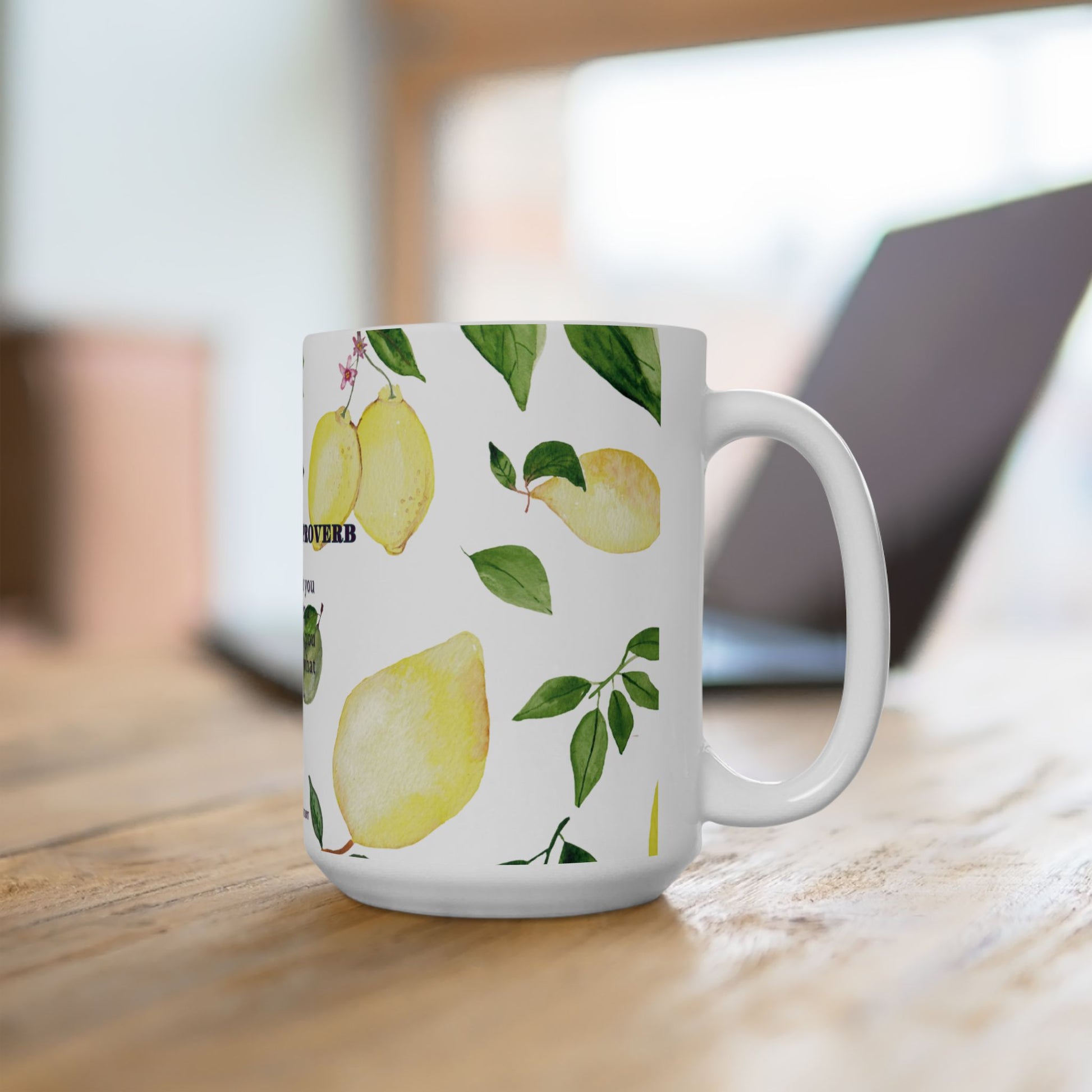 White mug with lemon design on a wooden surface