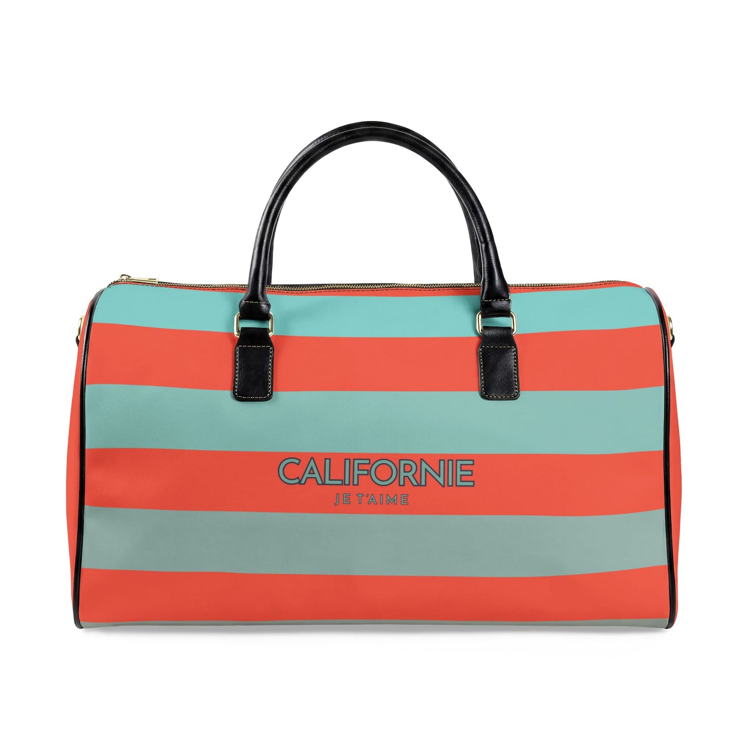Striped duffel bag with 'Californie' text on a white background