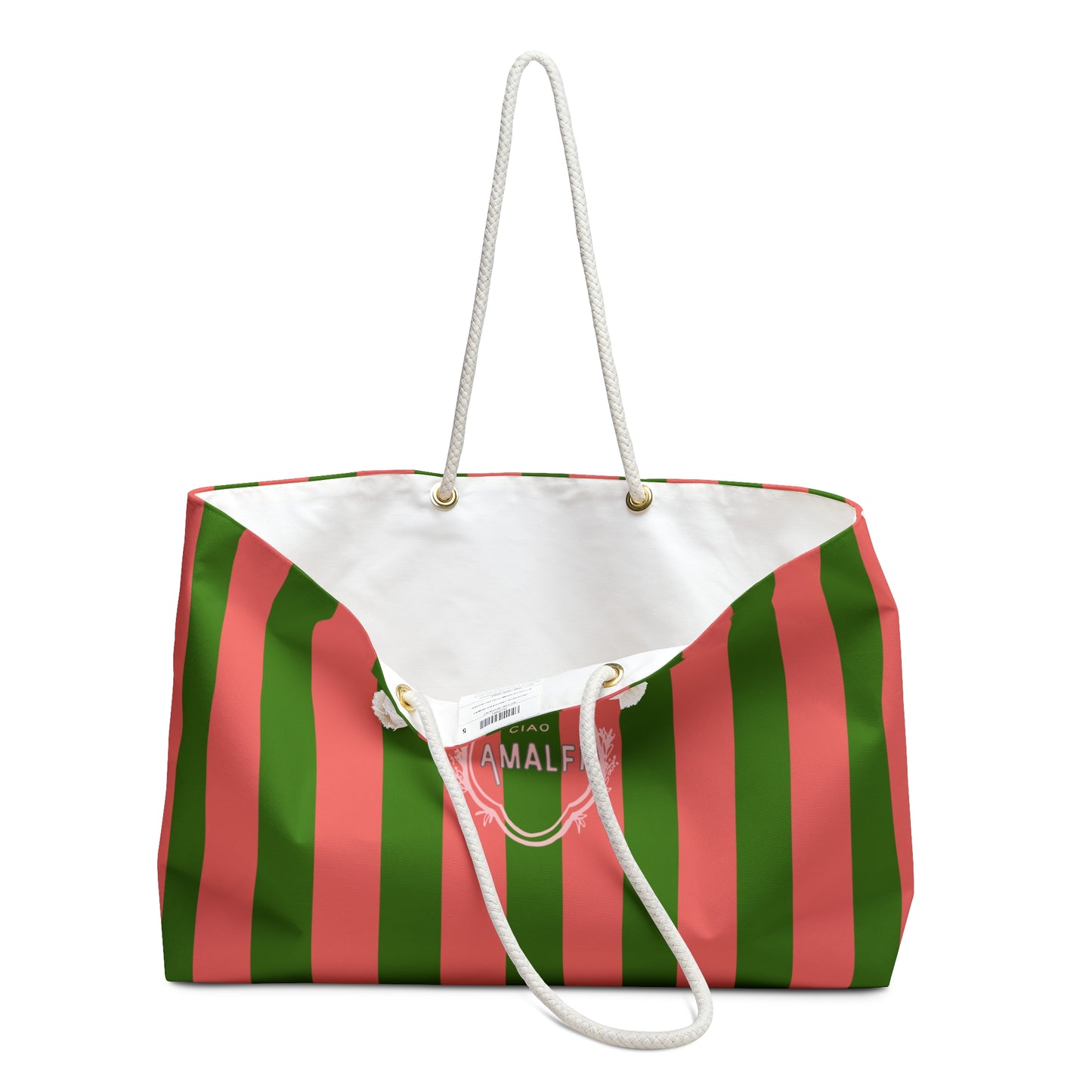 Striped bag with green and red pattern on a white background