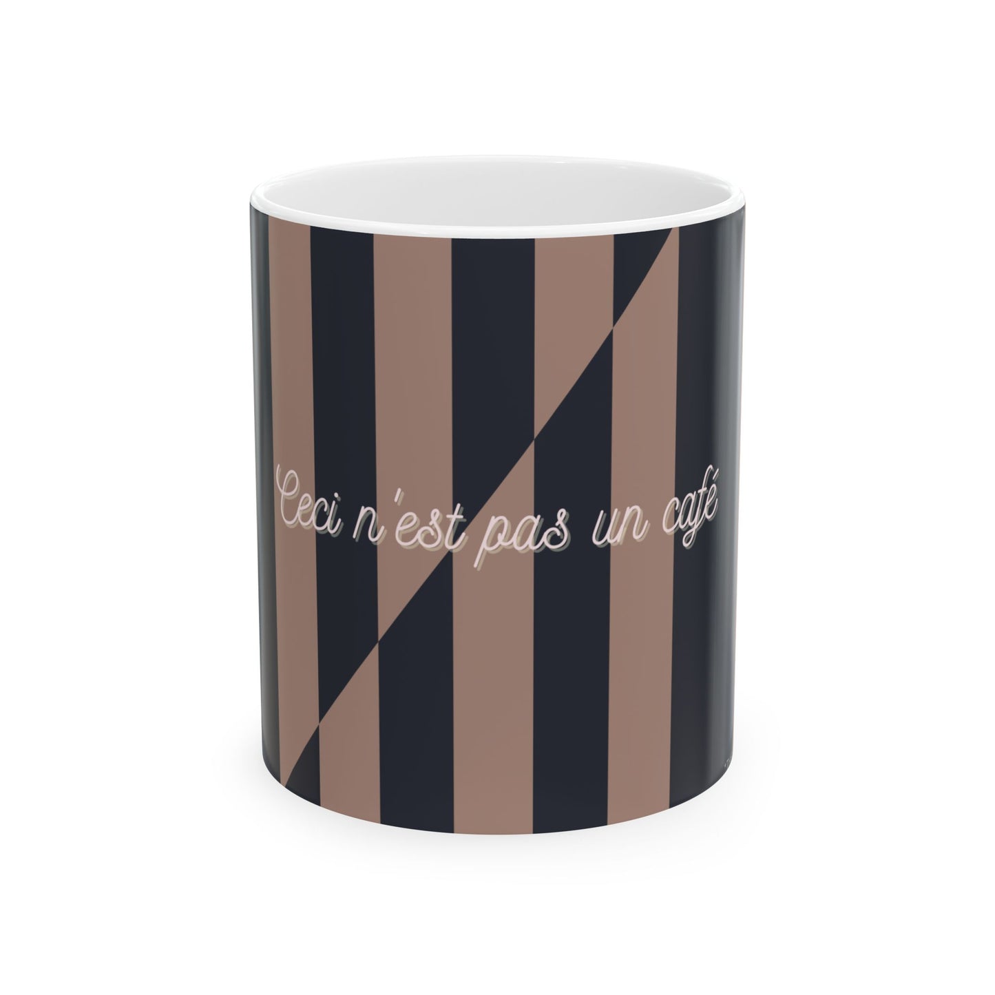 Mug with diagonal striped pattern and text on a white background