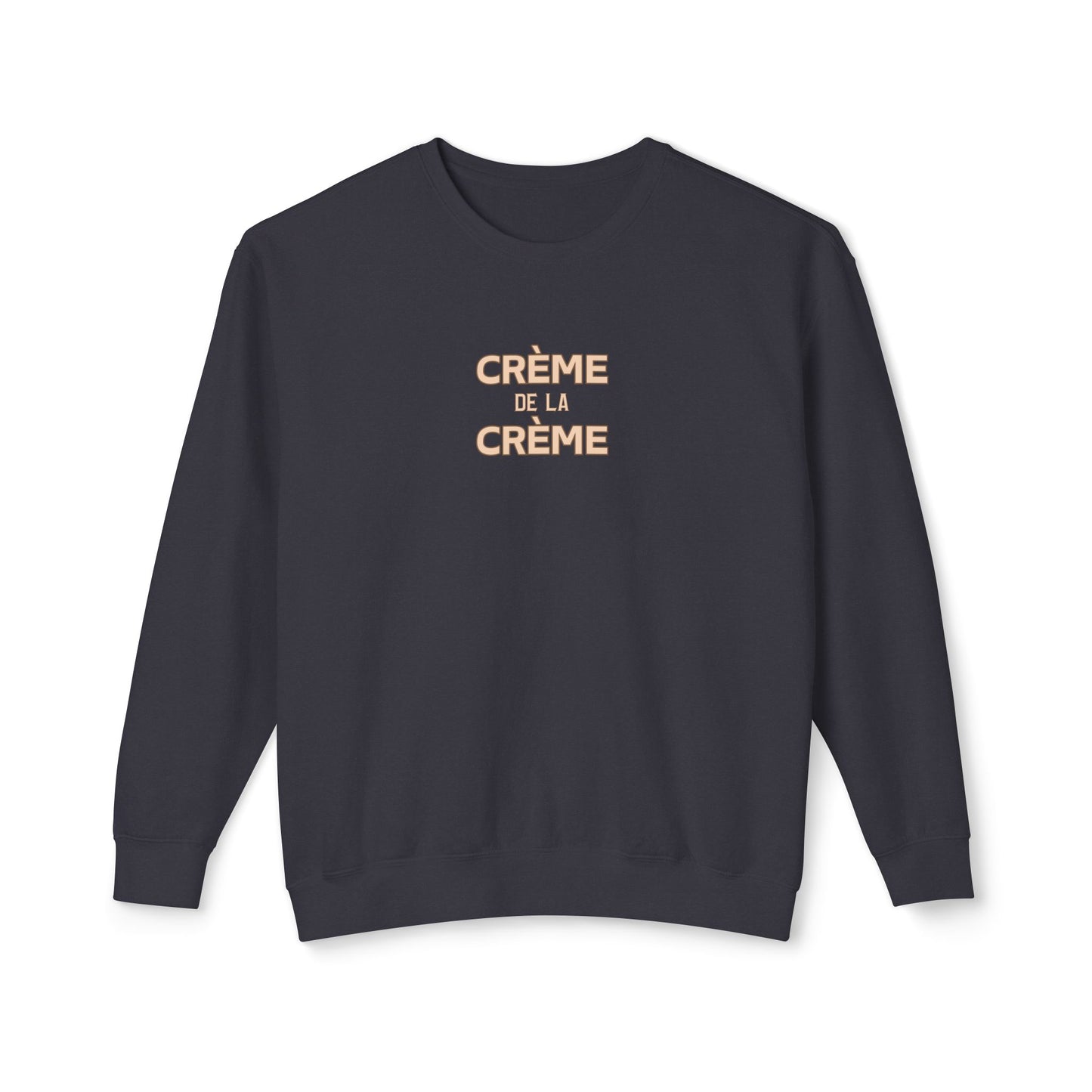 Navy blue sweatshirt with 'Crème de la Crème' text on a white background