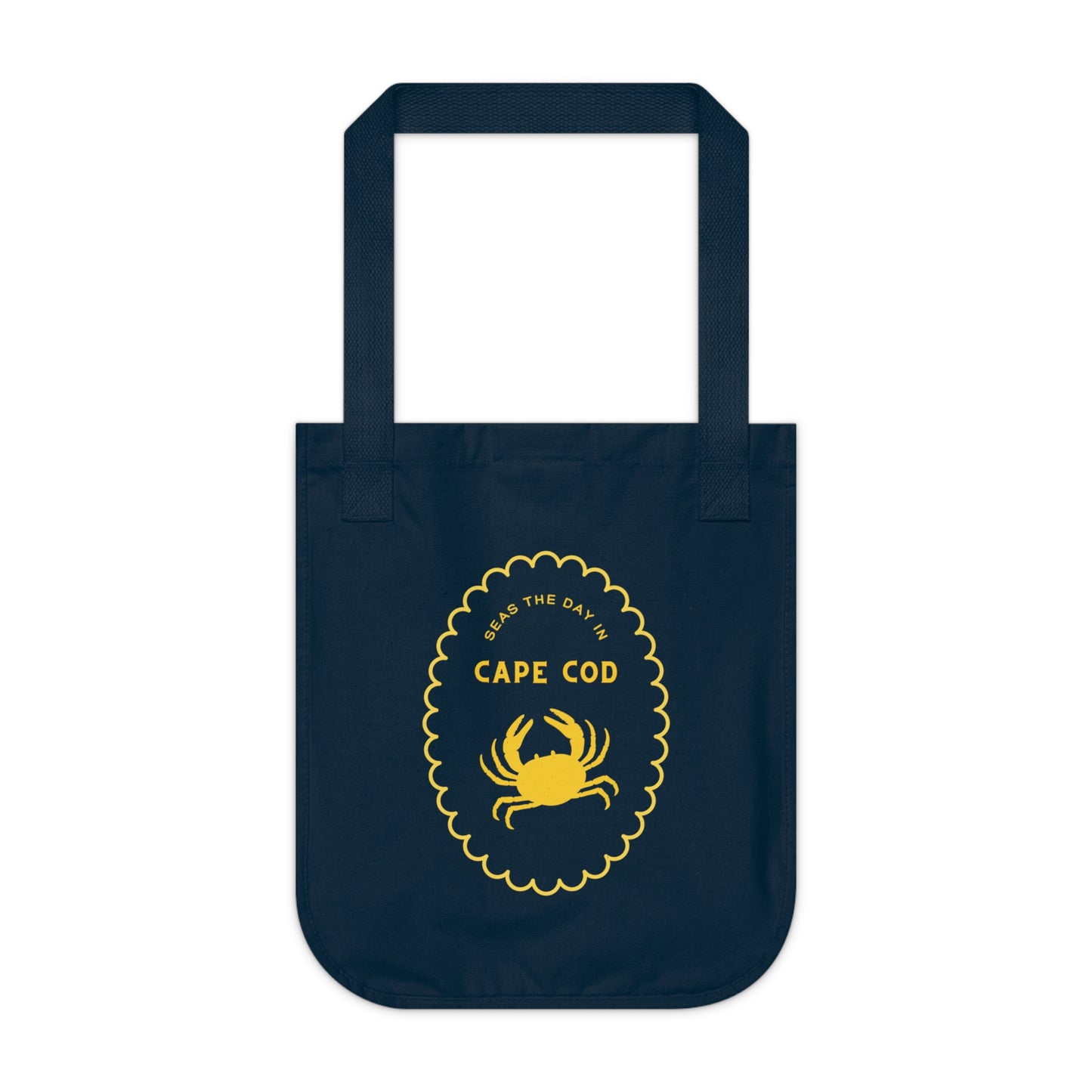 Navy tote bag with yellow 'Cape Cod' and crab design on a white background