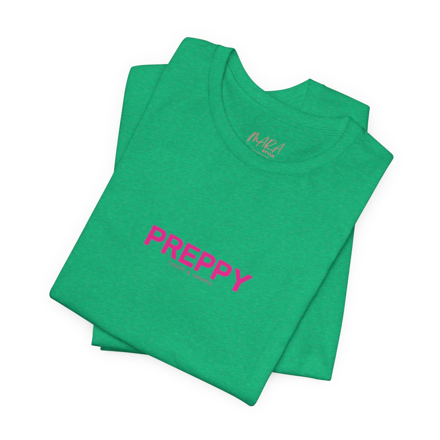 Green t-shirt with 'PREPPY' text on a white background