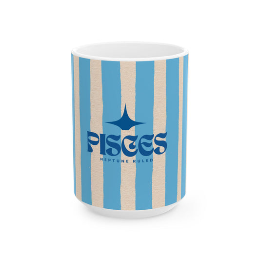 Mug with blue and beige striped design and 'Pisces' text on a white background