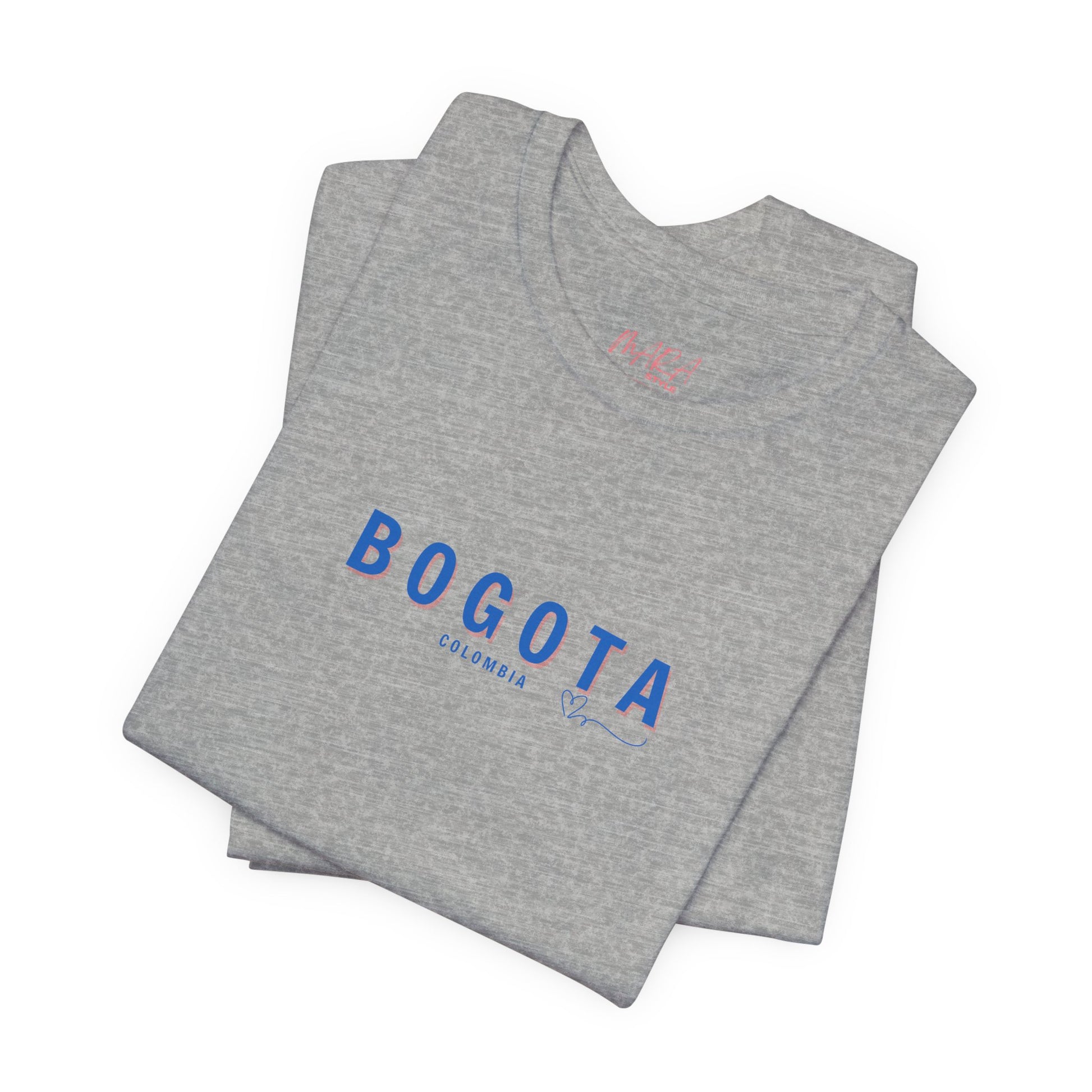 A grey Bogota unisex t-shirt with the word 'BOGOTA' written in blue letters across the front.