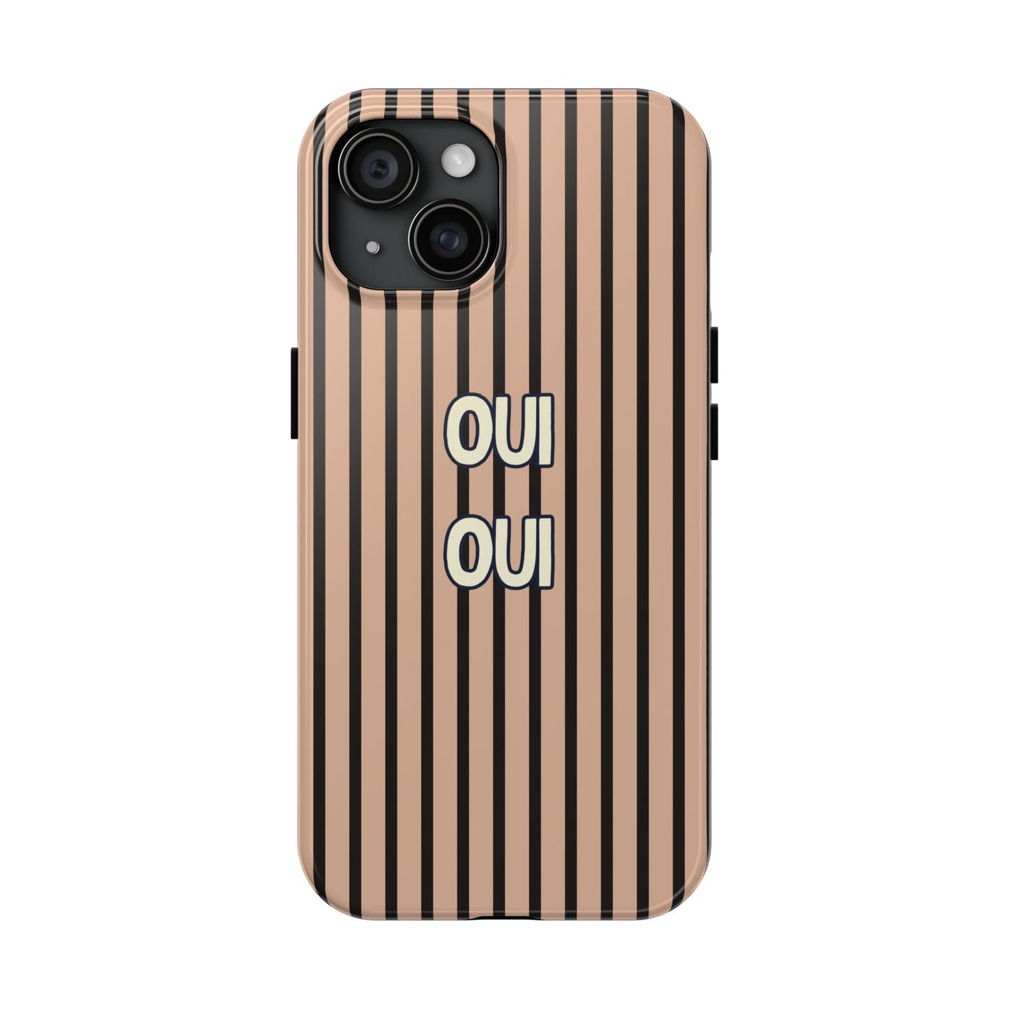 Phone case with striped pattern and 'OUI' text on a white background