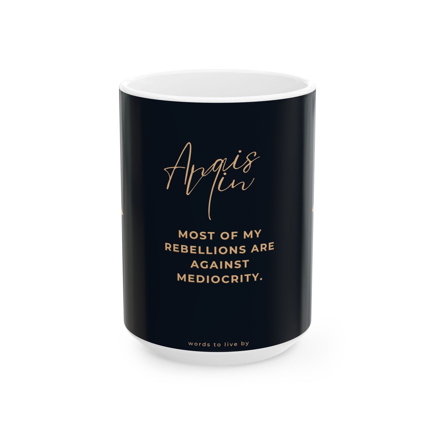 Black mug with gold text on a white background