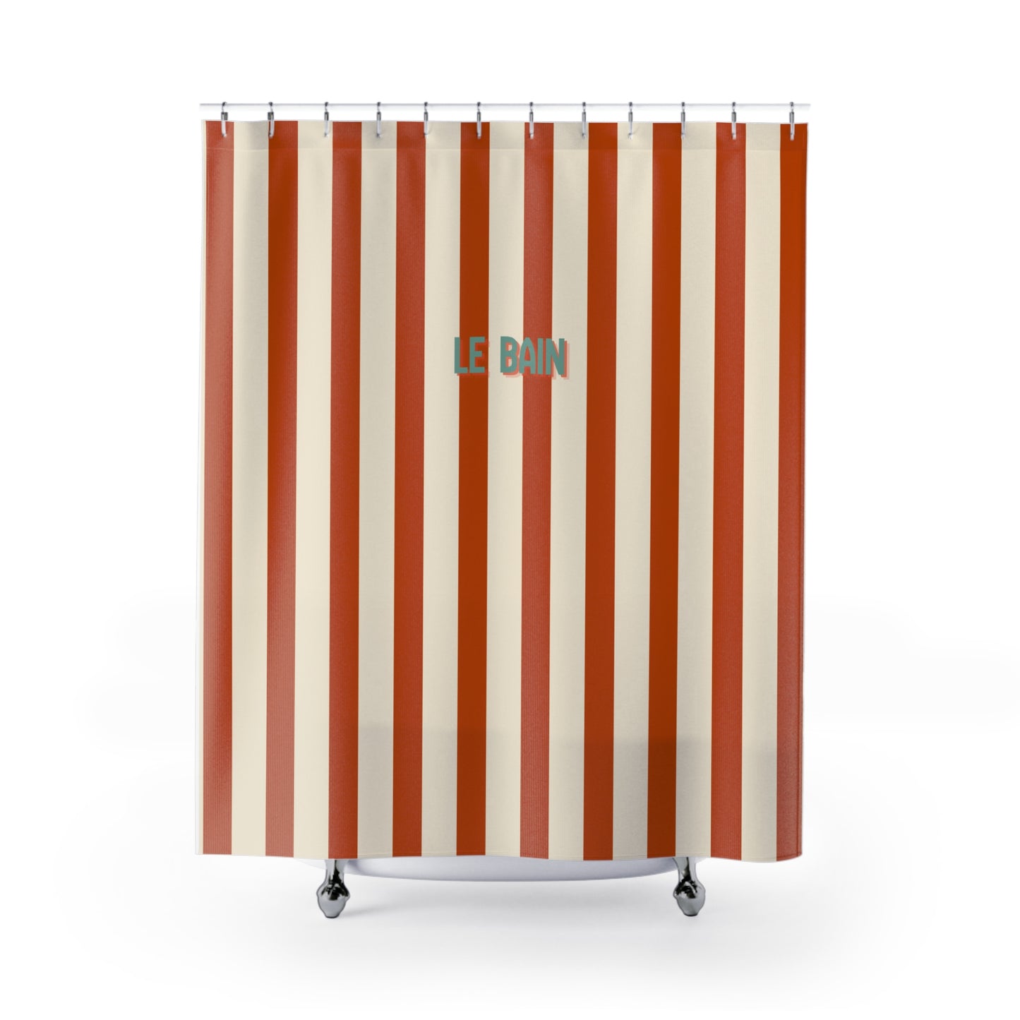 Shower curtain with red and beige vertical stripes and 'LE BAIN' text on a white background