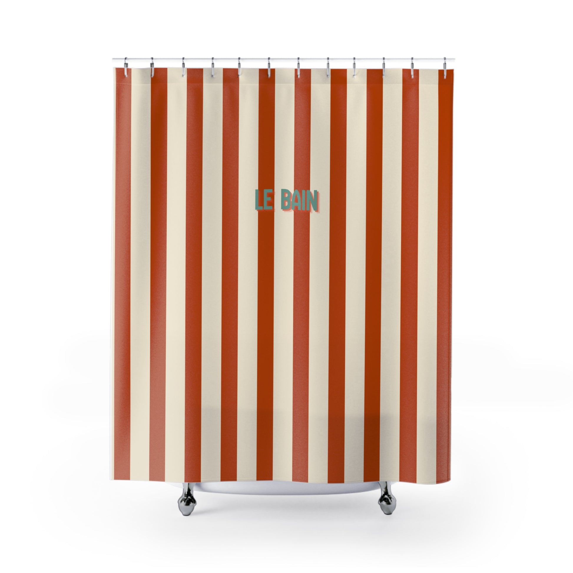 Shower curtain with red and beige vertical stripes and 'LE BAIN' text on a white background