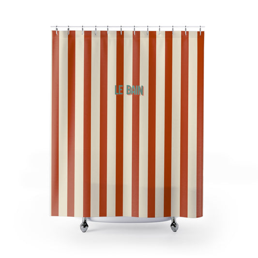 Shower curtain with red and beige vertical stripes and 'LE BAIN' text on a white background