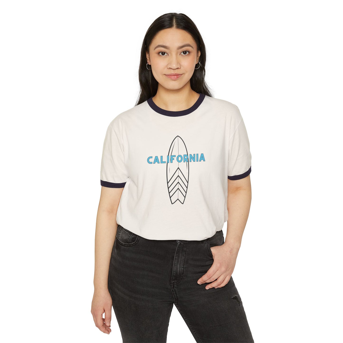 Woman wearing a white t-shirt with 'California' and a surfboard design on a white background