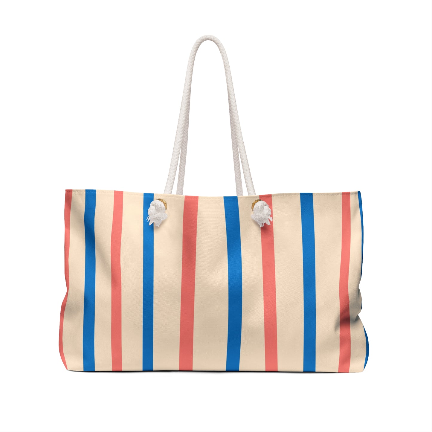 Striped beach bag with red, blue, and beige pattern on a white background