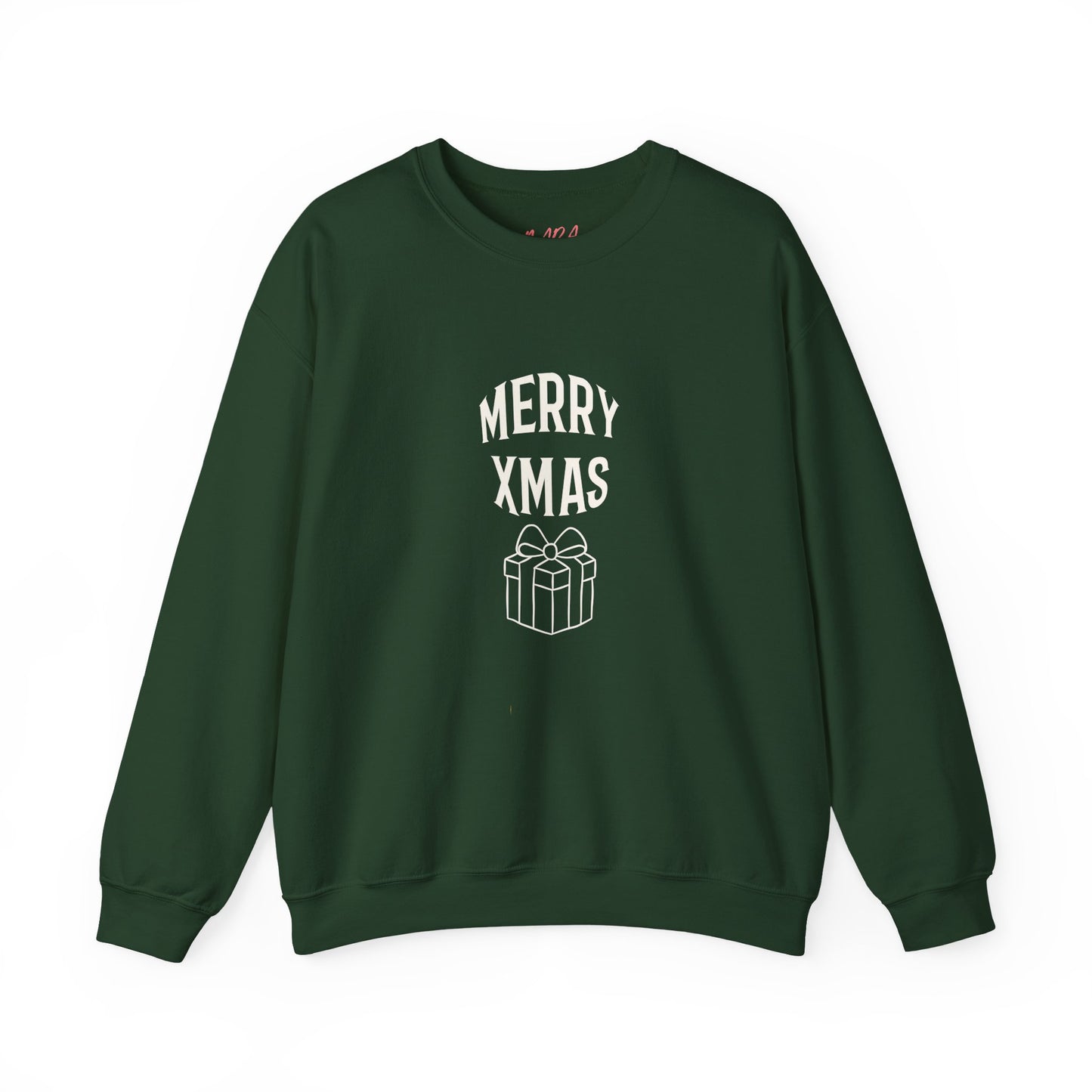 Green sweatshirt with 'Merry Xmas' text and gift icon on a white background